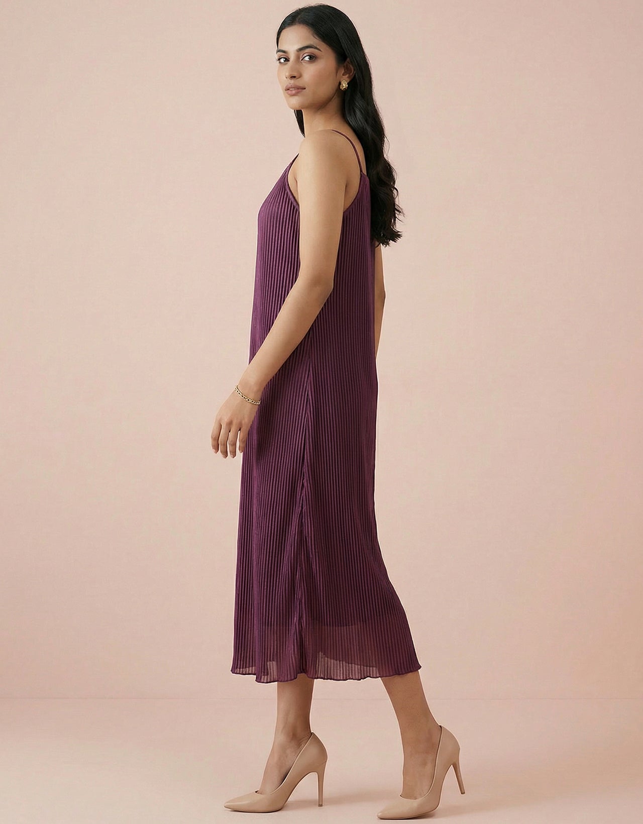 Women's Satin Plisse Midi Dress - Pleated Spaghetti Strap Slip Dress
