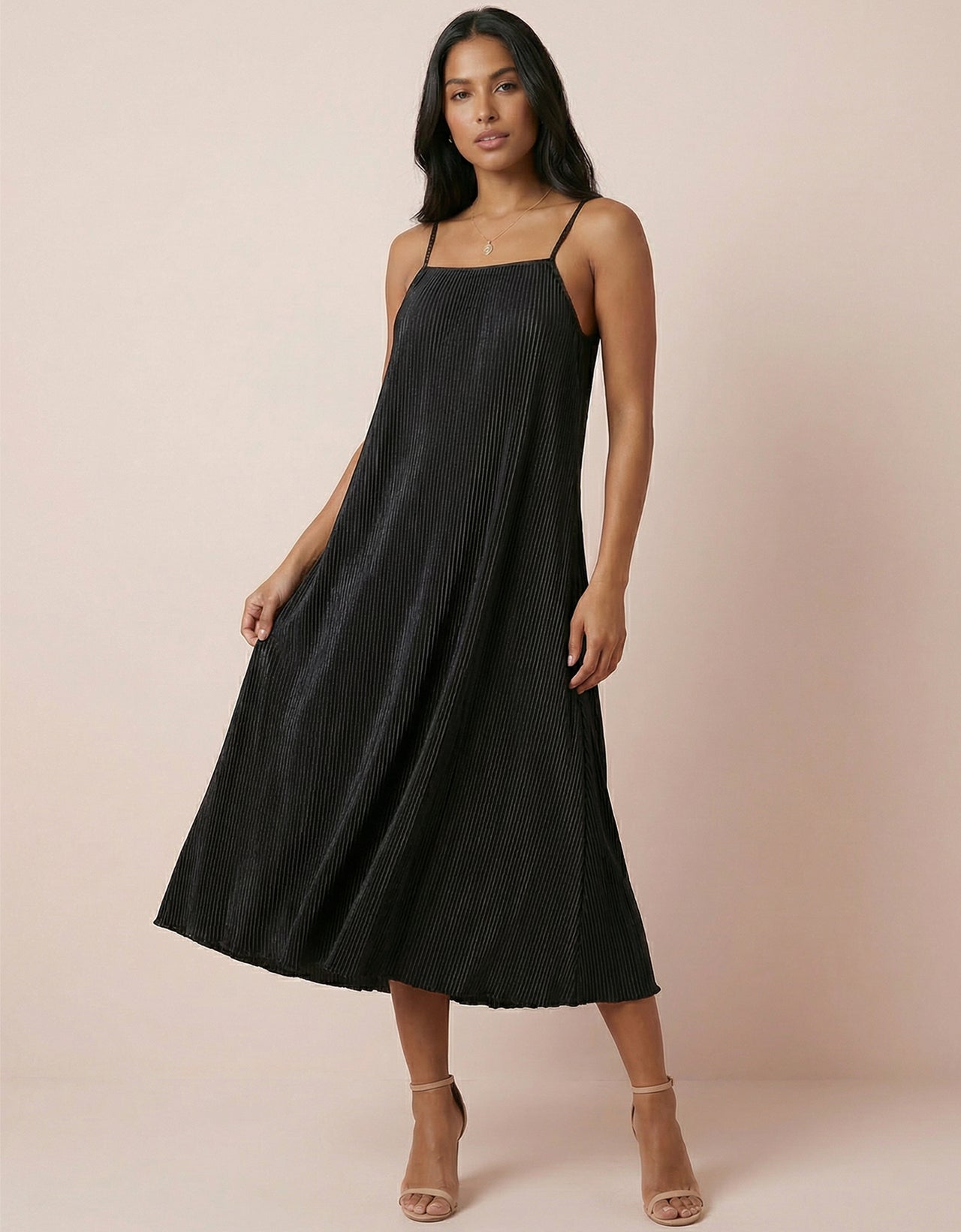 Women's Satin Plisse Midi Dress - Pleated Spaghetti Strap Slip Dress
