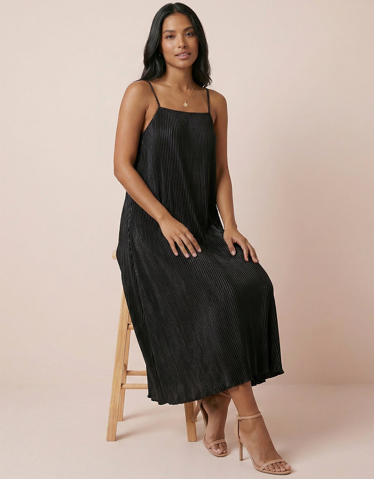 Women's Satin Plisse Midi Dress - Pleated Spaghetti Strap Slip Dress