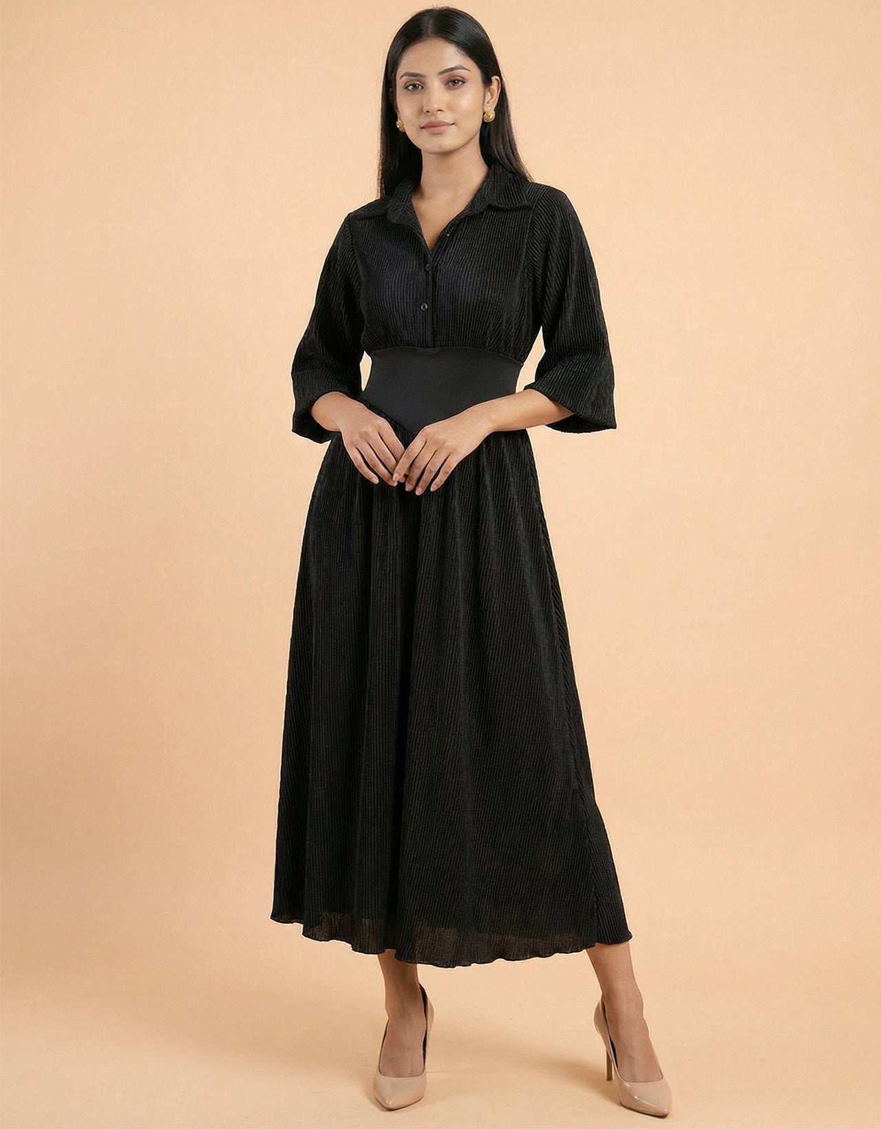 Women's Satin Plisse Corset Waist Midi Dress - Pleated Button-Front
