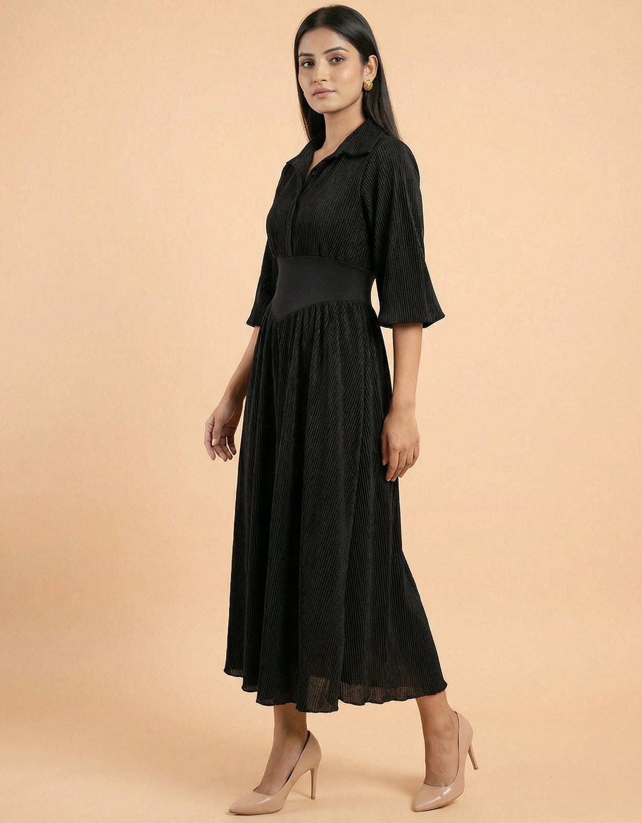 Women's Satin Plisse Corset Waist Midi Dress - Pleated Button-Front
