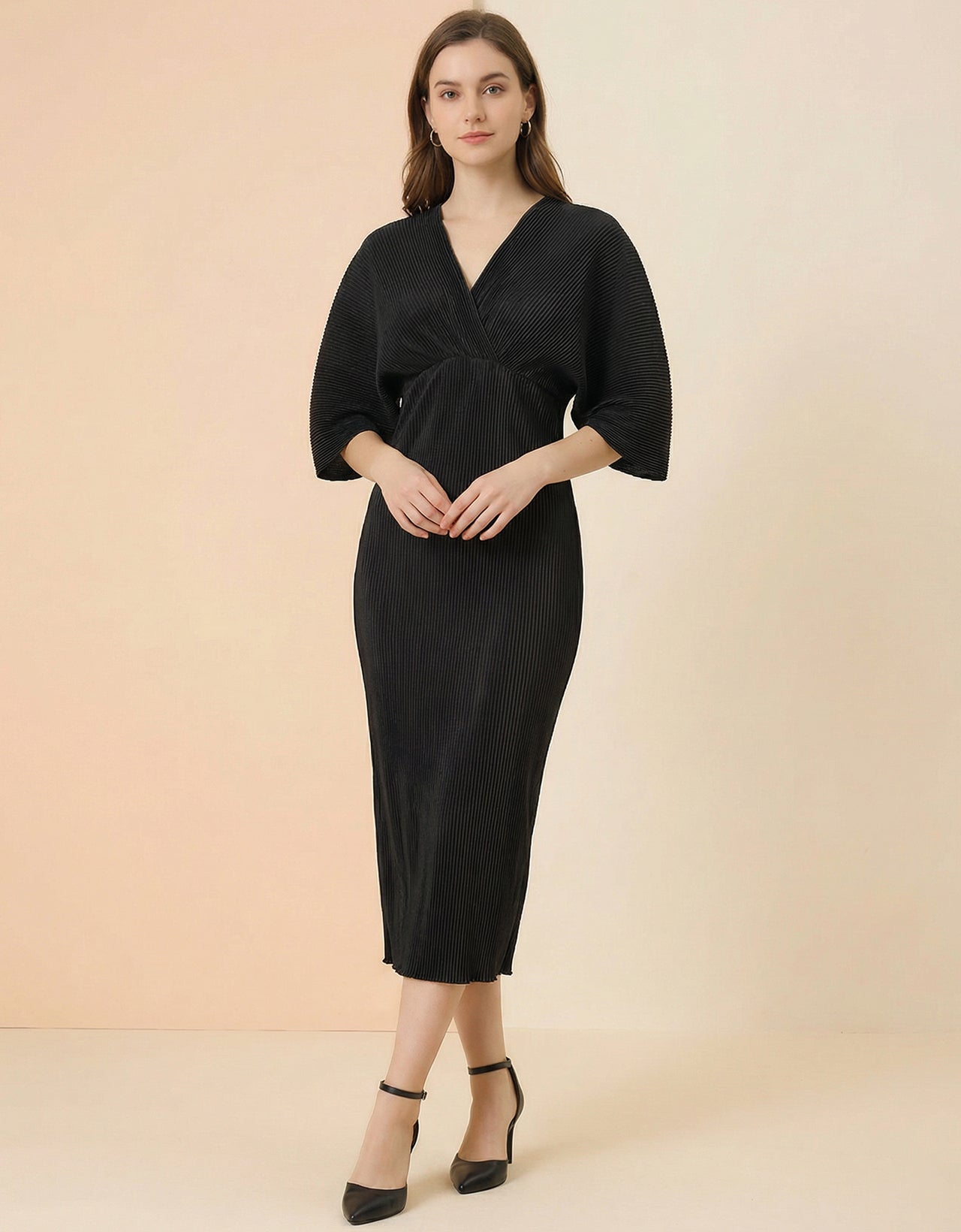 Women's Satin Plisse Wrap Midi Dress - Pleated V-Neck Dress