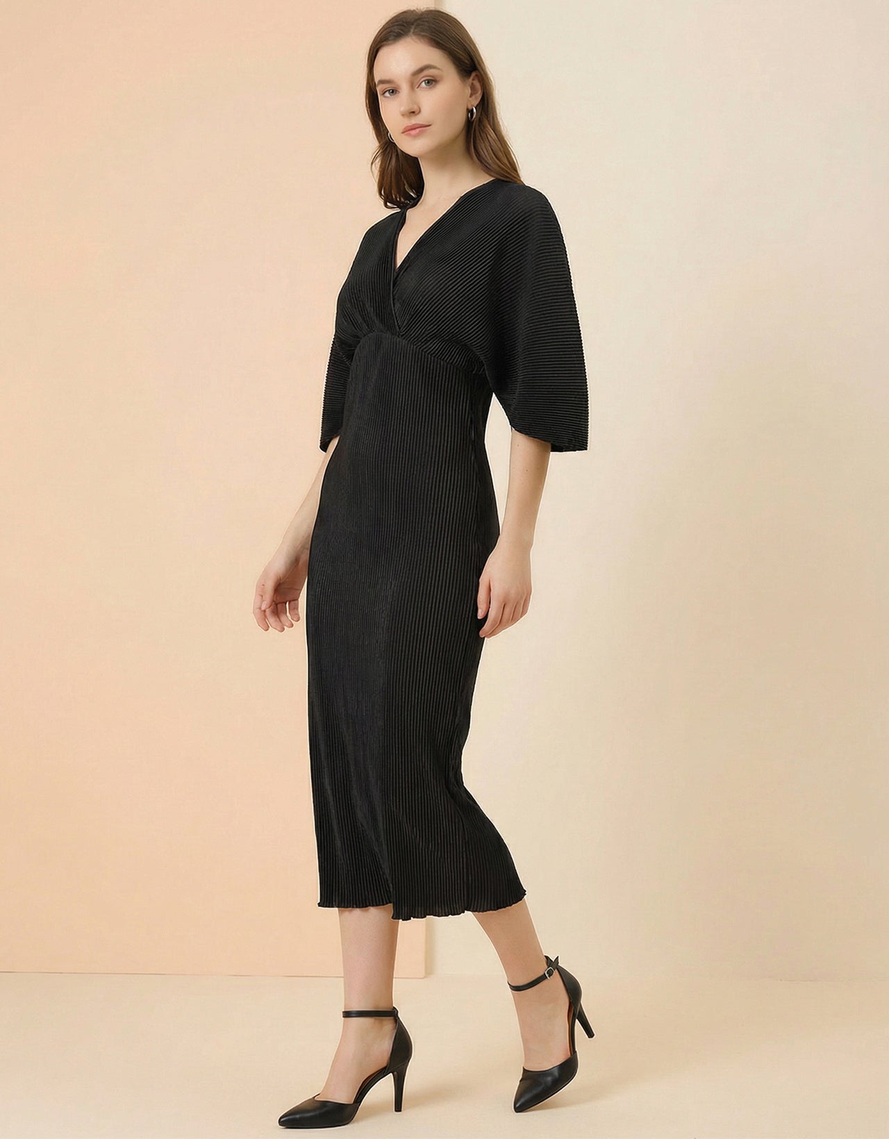 Women's Satin Plisse Wrap Midi Dress - Pleated V-Neck Dress