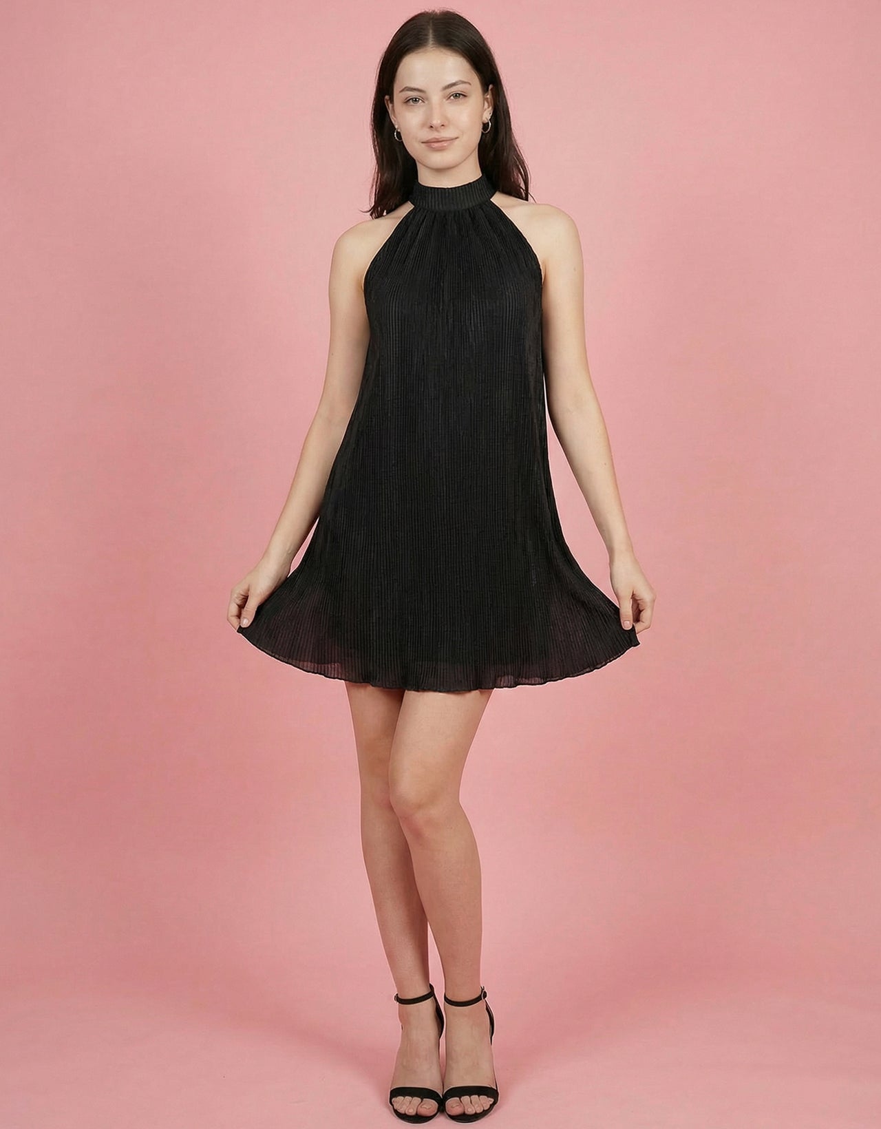 Women's Satin Plisse Halter Neck Mini Dress - Pleated Swing Dress