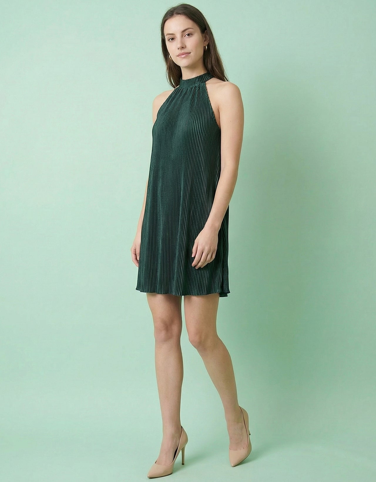 Women's Satin Plisse Halter Neck Mini Dress - Pleated Swing Dress