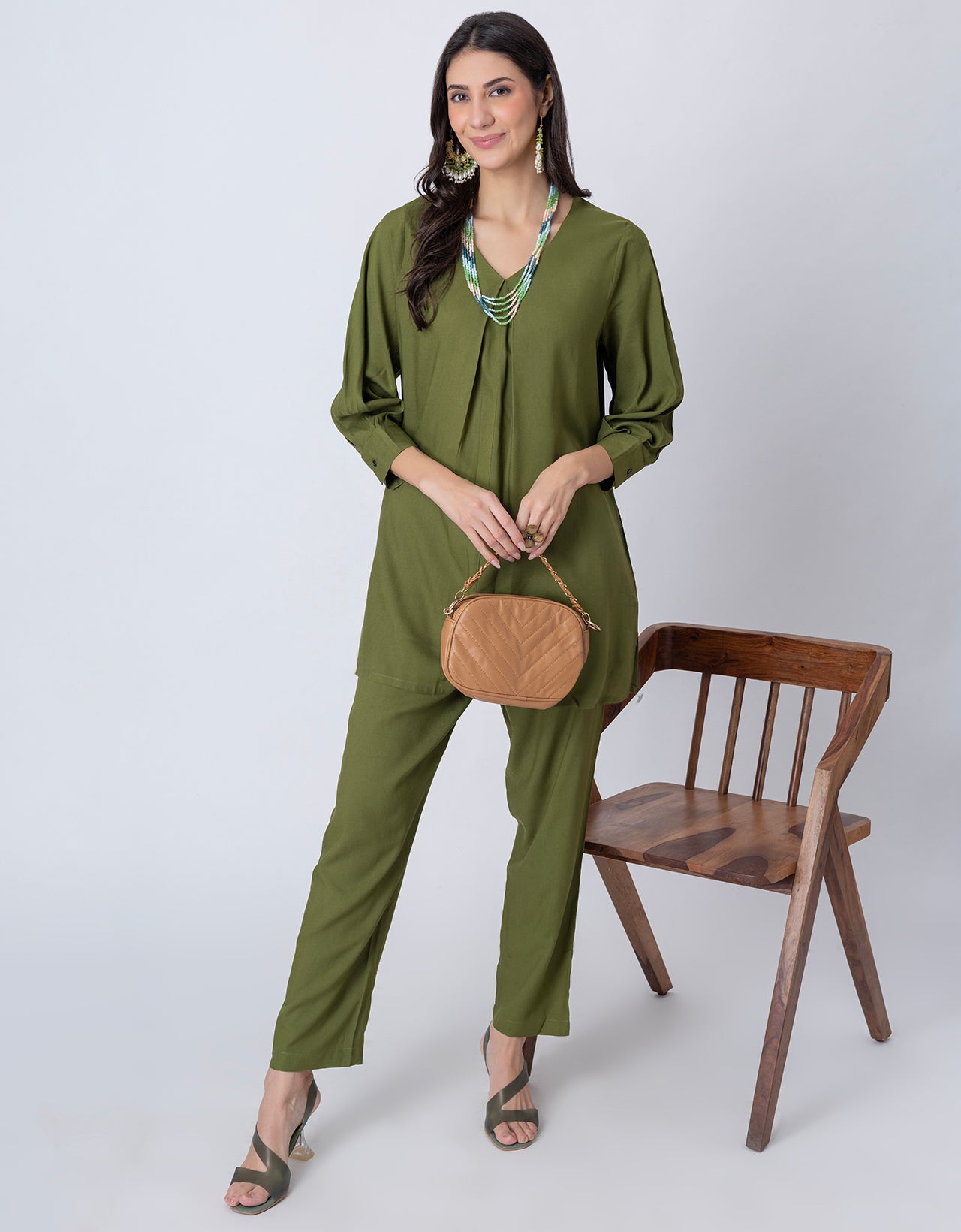 Elegant 2-Pc V-Neck Coord Set, Inverted Pleat Kurta