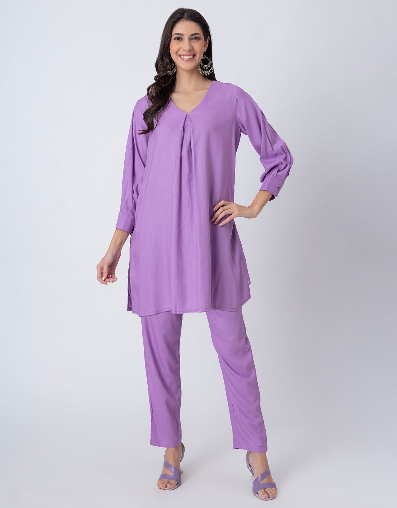 Elegant 2-Pc V-Neck Coord Set, Inverted Pleat Kurta