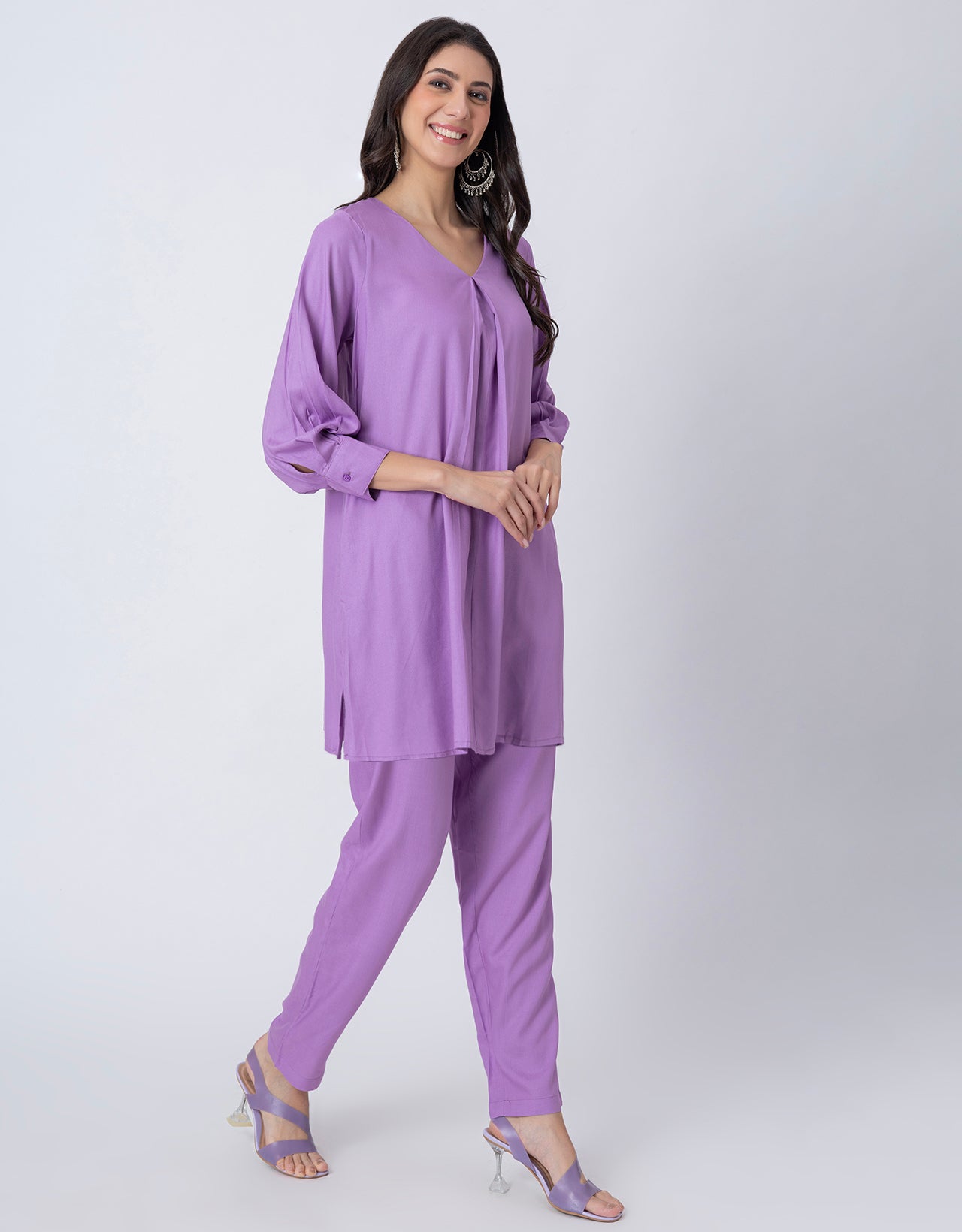 Elegant 2-Pc V-Neck Coord Set, Inverted Pleat Kurta