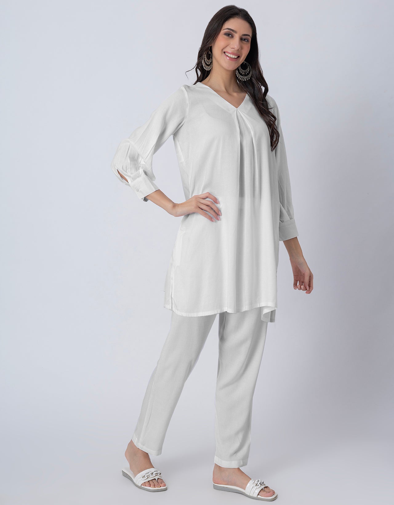 Elegant 2-Pc V-Neck Coord Set, Inverted Pleat Kurta