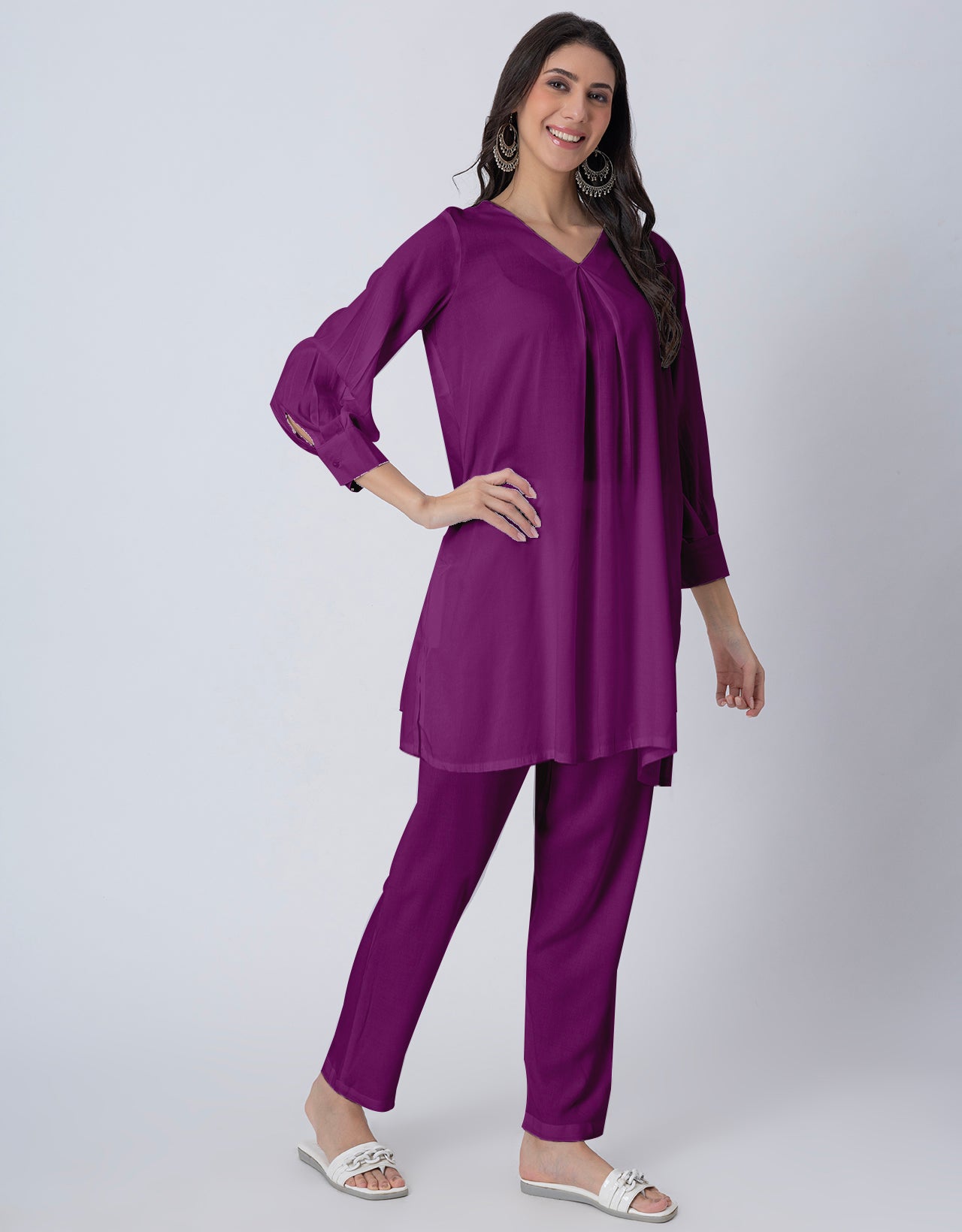 Elegant 2-Pc V-Neck Coord Set, Inverted Pleat Kurta