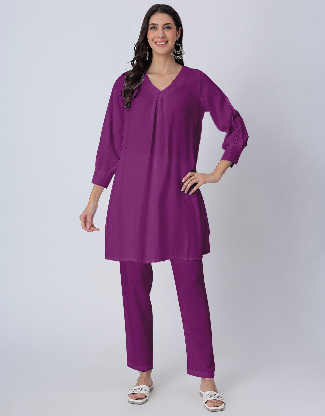 Elegant 2-Pc V-Neck Coord Set, Inverted Pleat Kurta