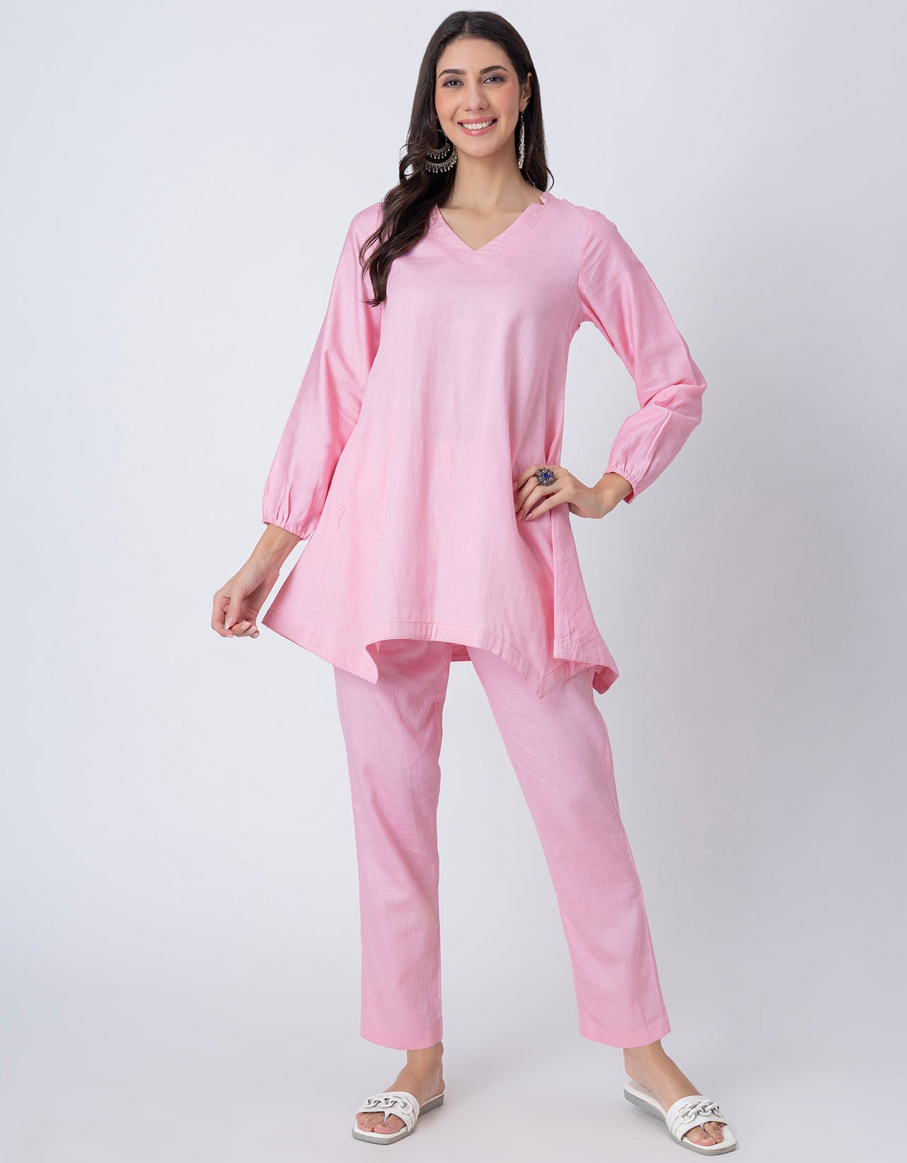 Women Co-ord Set, Long Sleeve Kurta With High-Low Hem