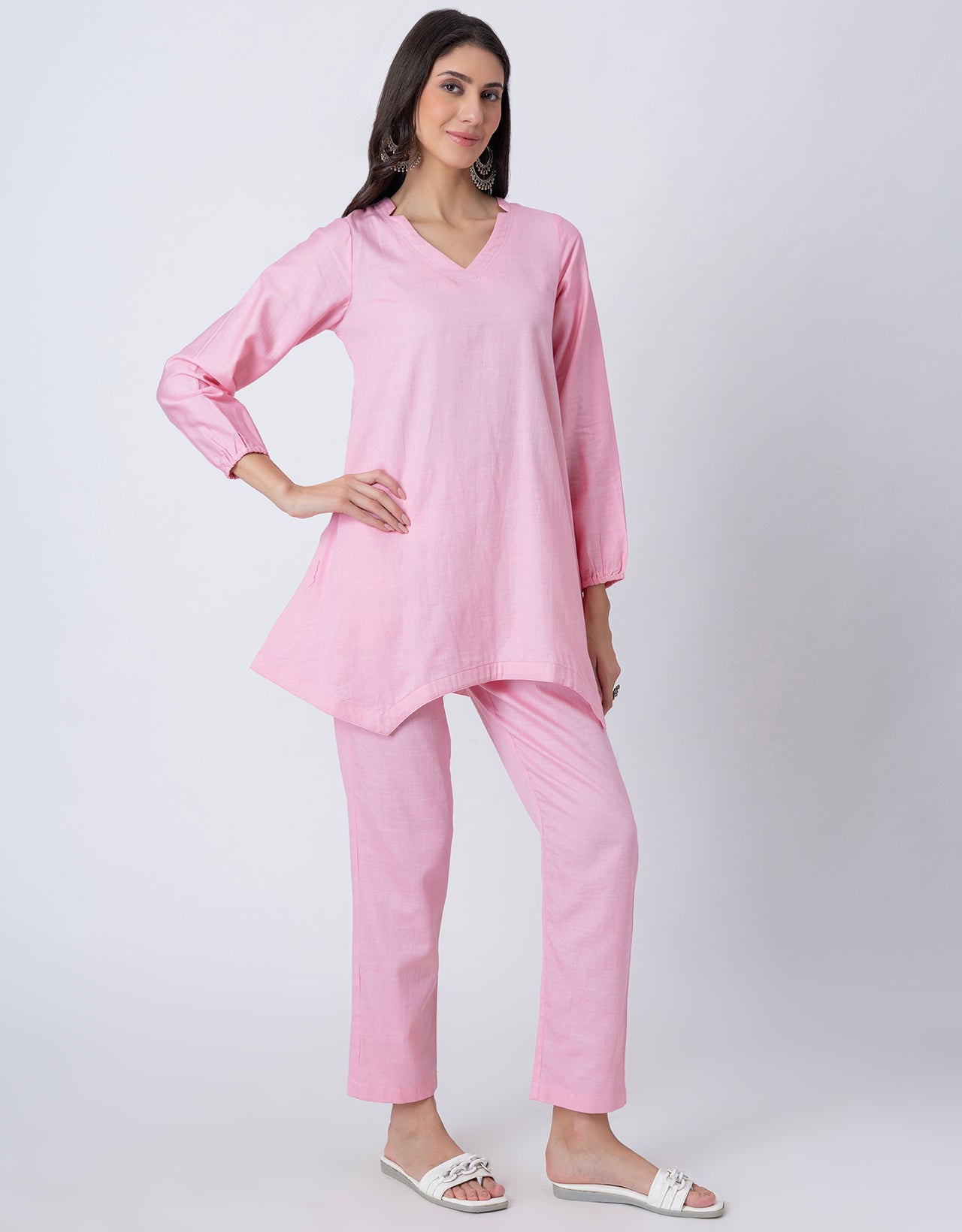 Women Co-ord Set, Long Sleeve Kurta With High-Low Hem