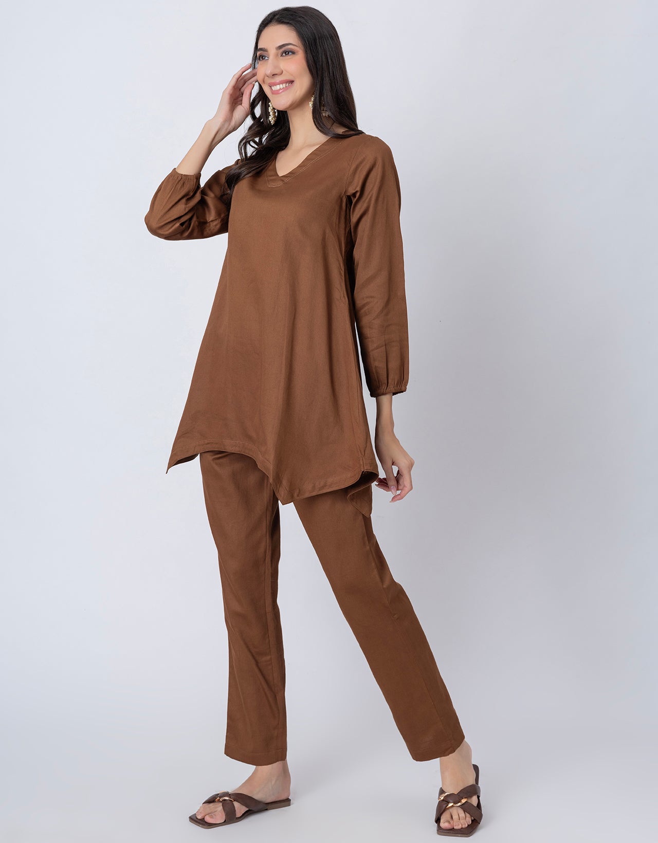 Women Co-ord Set, Long Sleeve Kurta With High-Low Hem