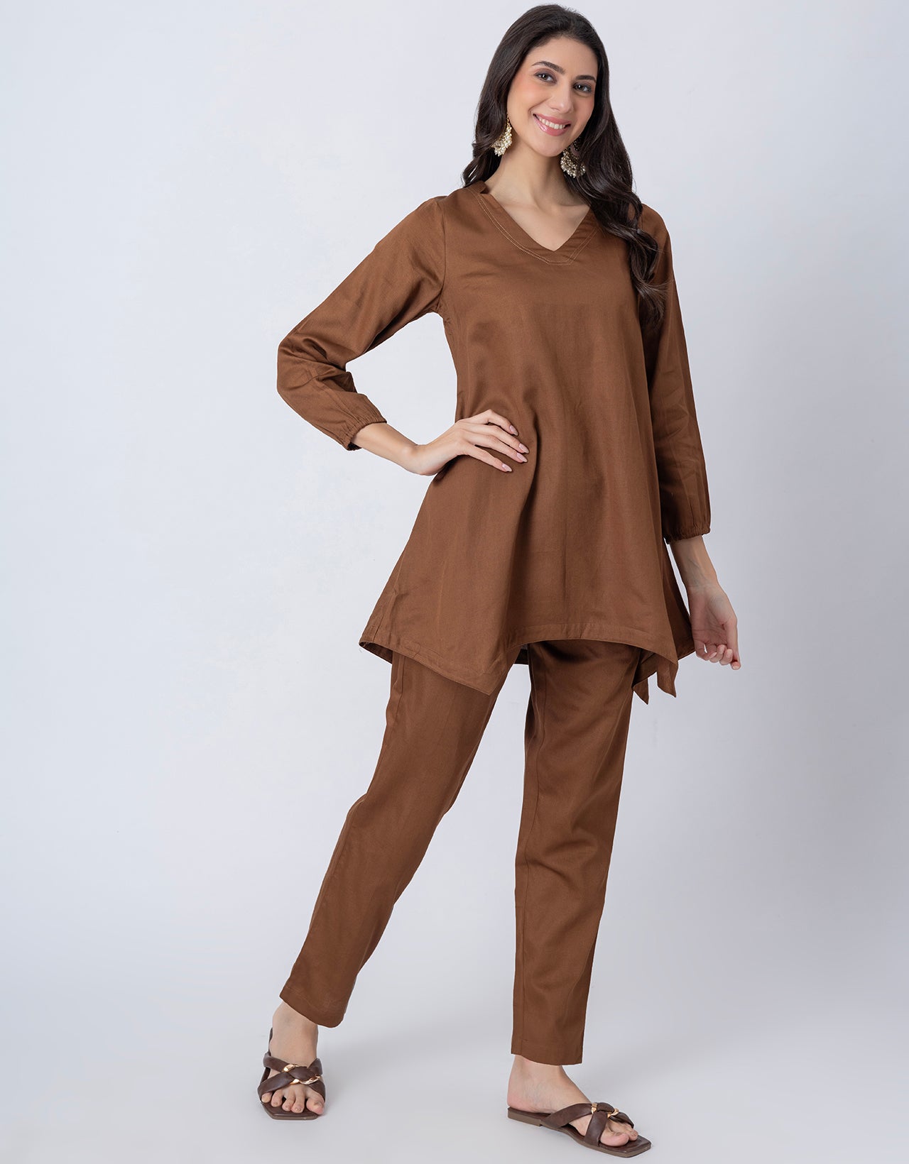 Women Co-ord Set, Long Sleeve Kurta With High-Low Hem