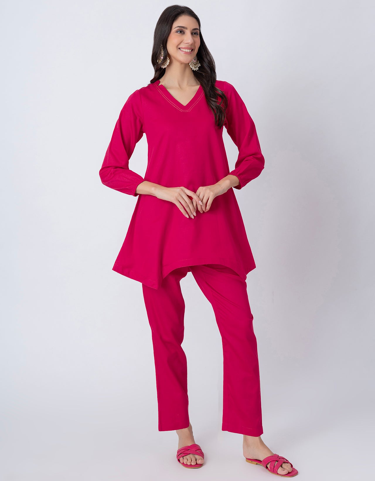Women Co-ord Set, Long Sleeve Kurta With High-Low Hem