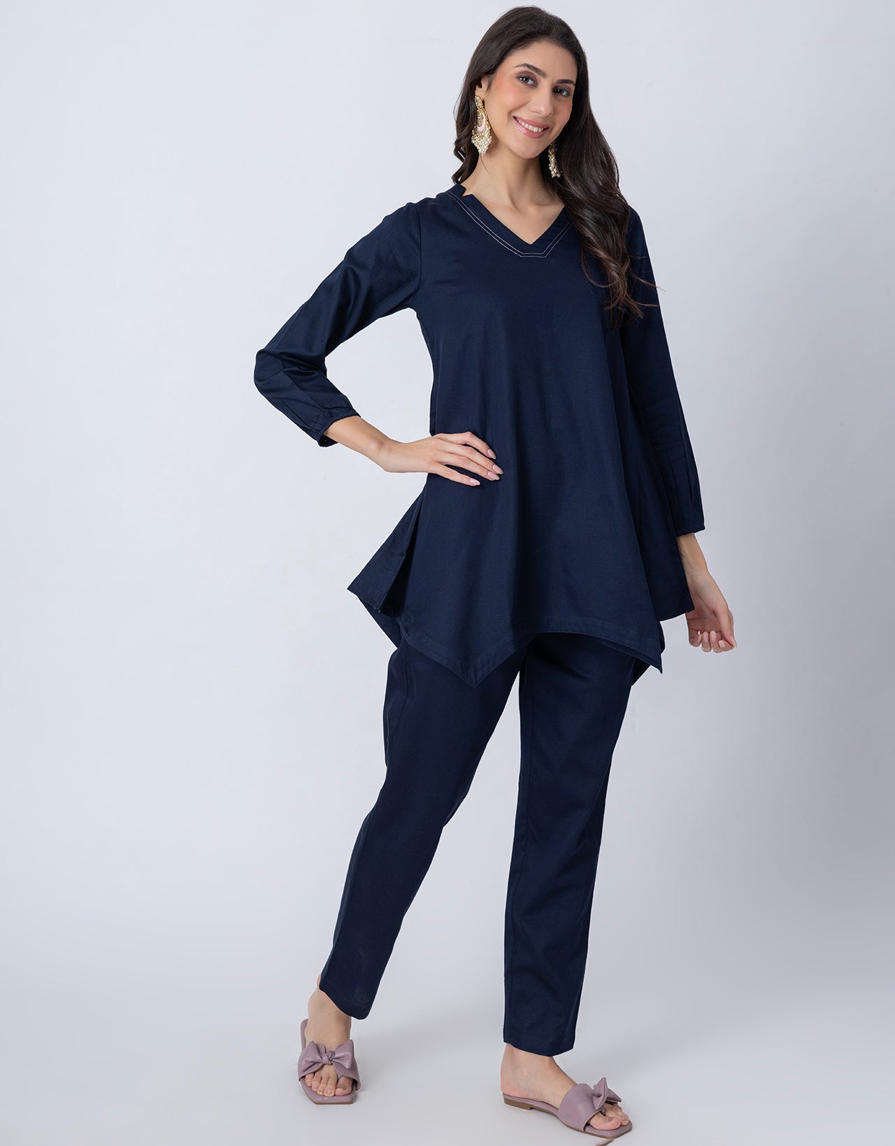 Women Co-ord Set, Long Sleeve Kurta With High-Low Hem