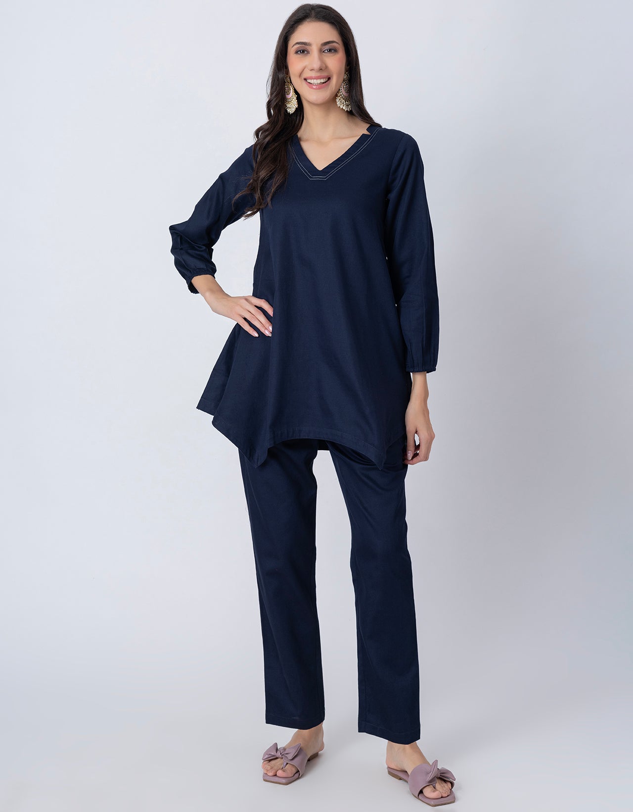 Women Co-ord Set, Long Sleeve Kurta With High-Low Hem