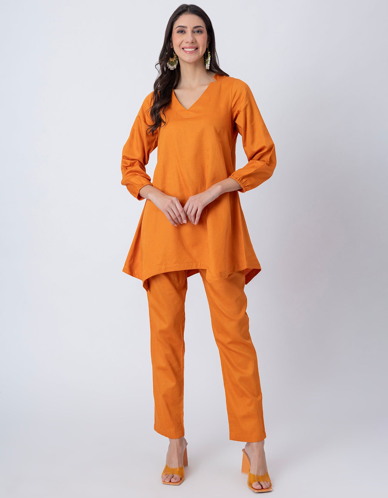 Women Co-ord Set, Long Sleeve Kurta With High-Low Hem
