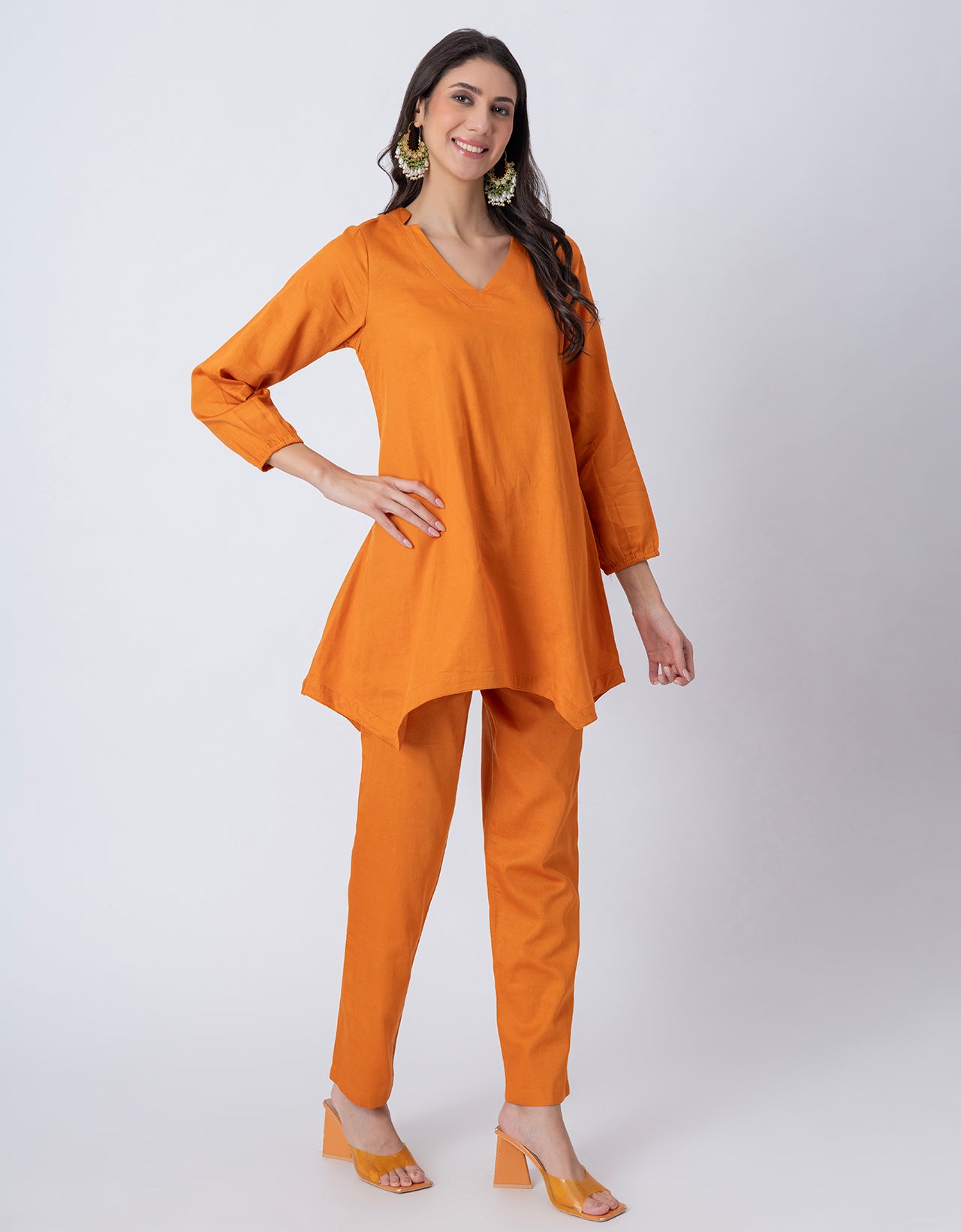 Women Co-ord Set, Long Sleeve Kurta With High-Low Hem
