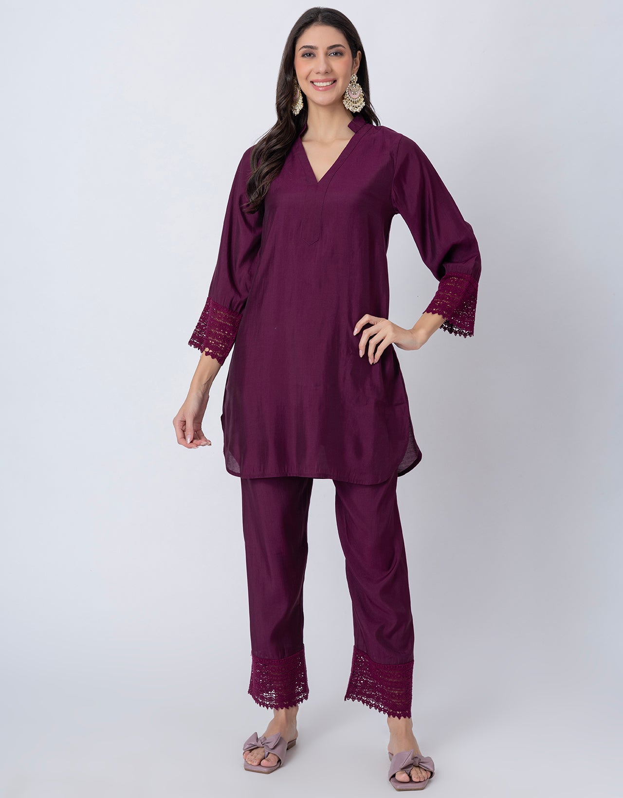 Women's Kurta and Pant Set Lace Detail Designer Co-ord Set