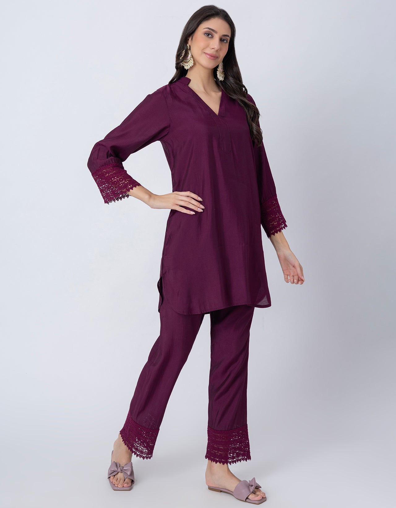 Women's Kurta and Pant Set Lace Detail Designer Co-ord Set