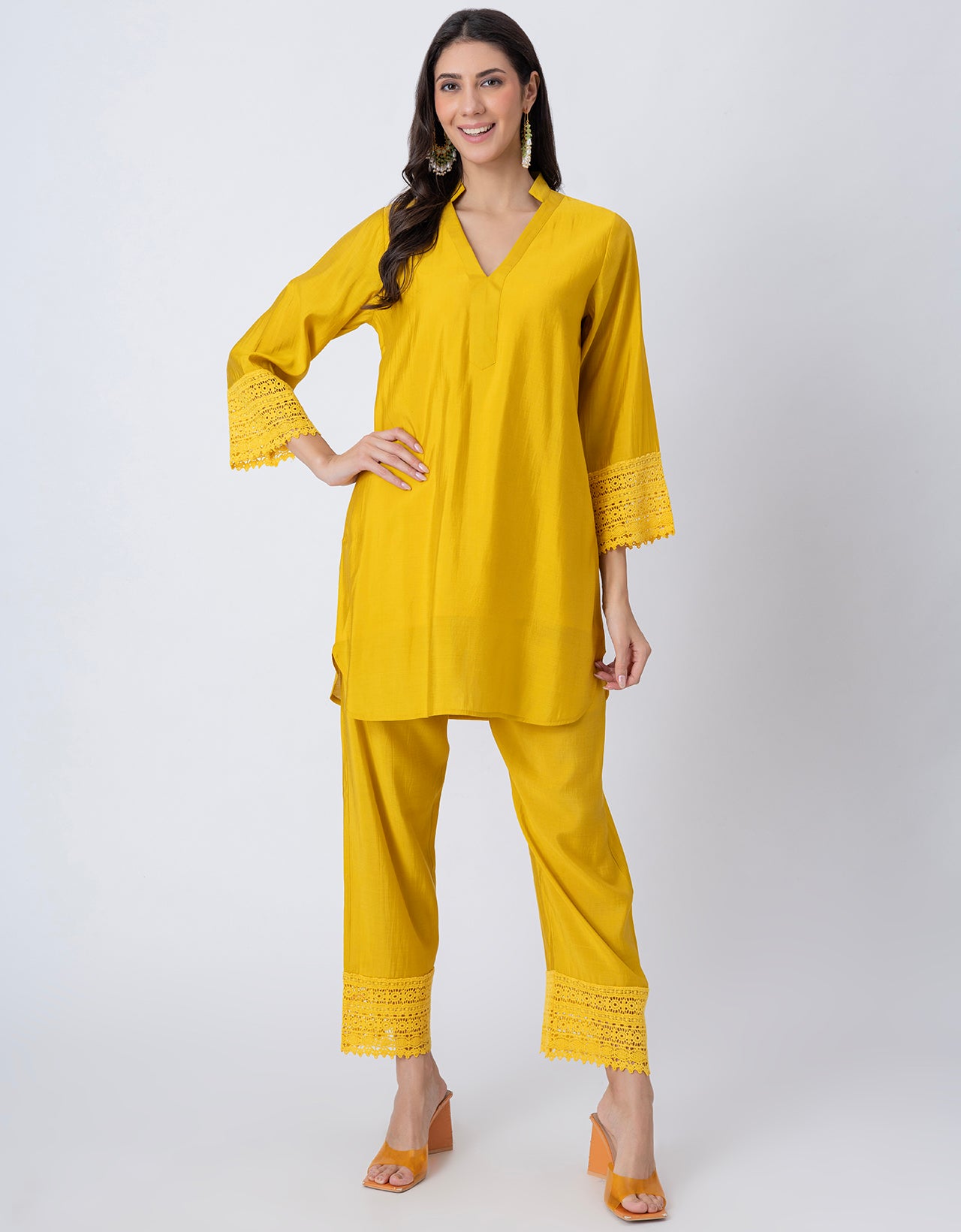 Women's Kurta and Pant Set Lace Detail Designer Co-ord Set