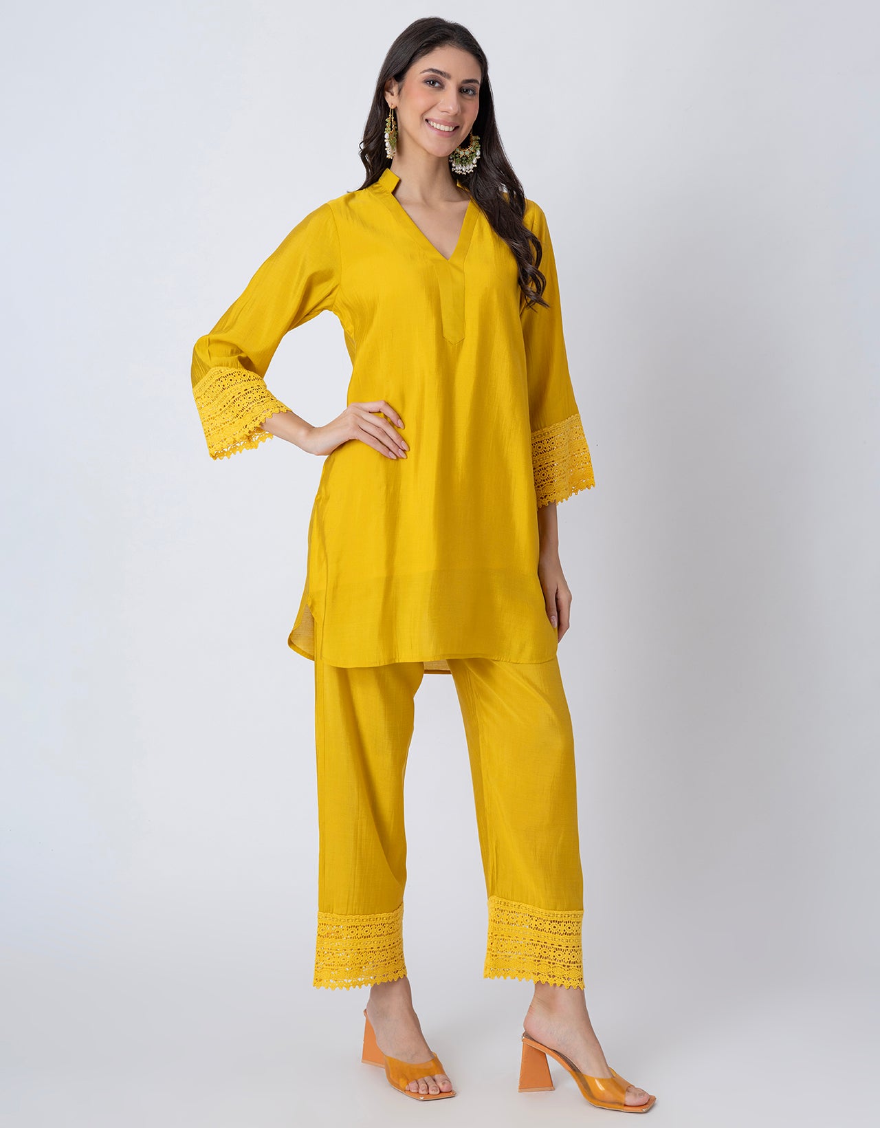 Women's Kurta and Pant Set Lace Detail Designer Co-ord Set