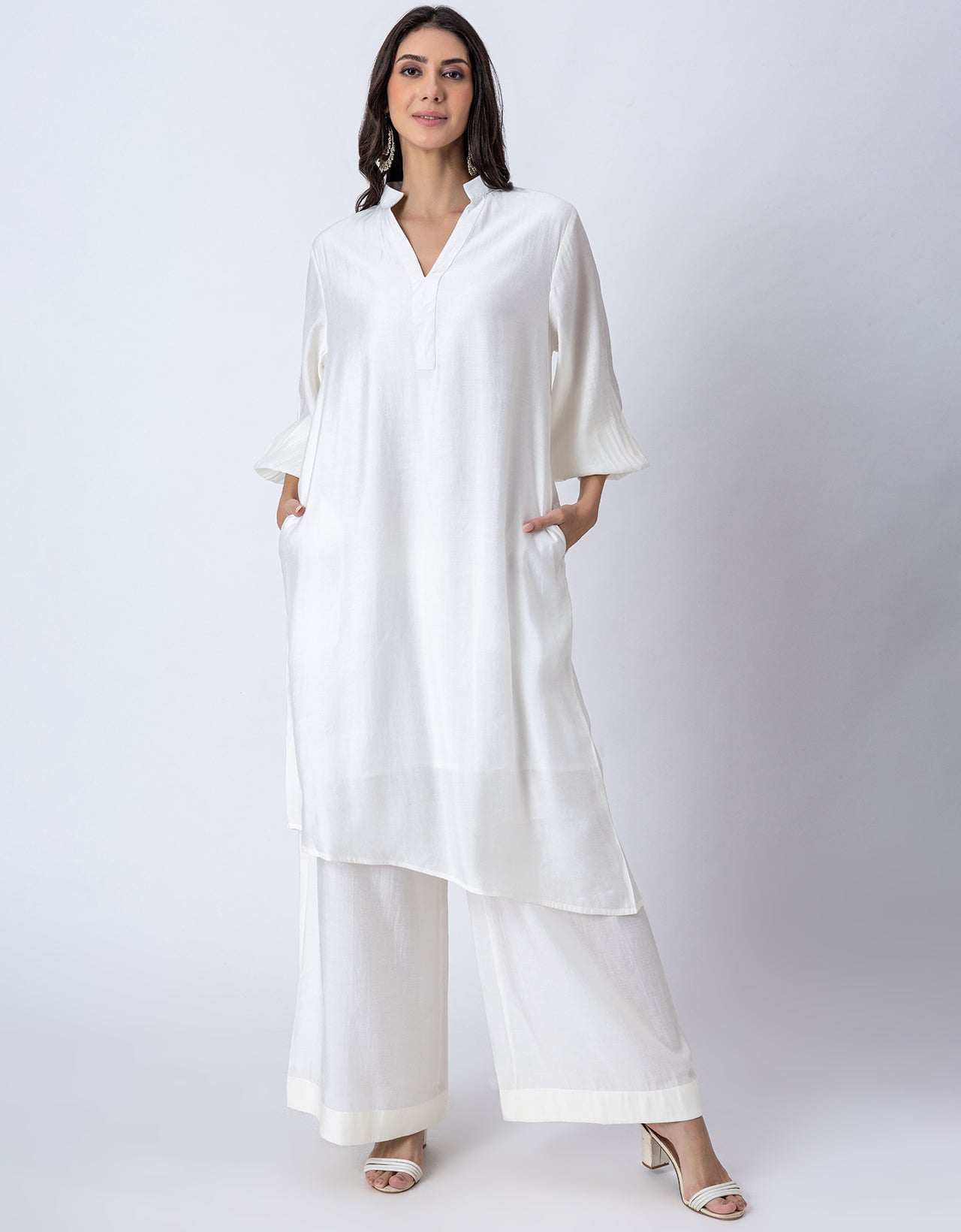 Solid Puffed Sleeve Women Kurta with Flared Palazzo Pants