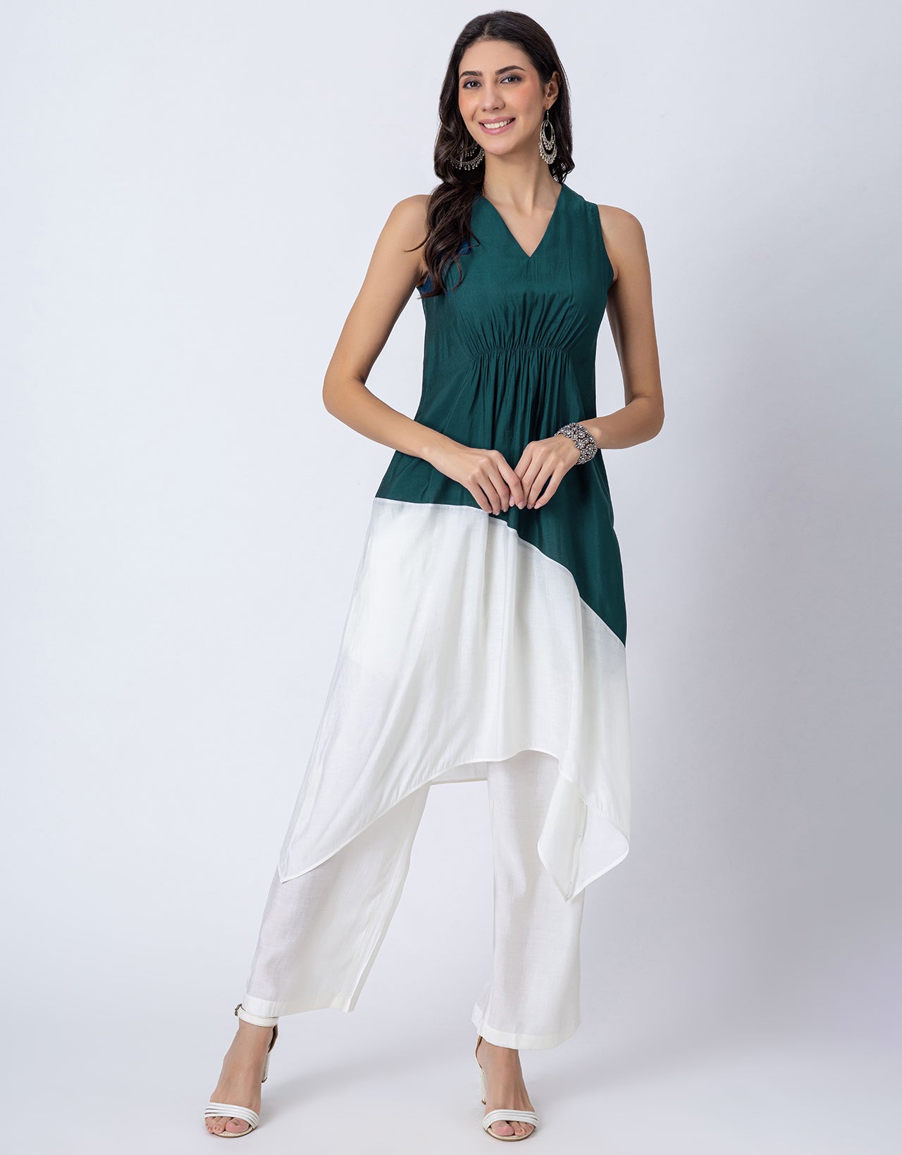 Asymmetric Indo-Western Coord Set, Color-Block Kurta with Pants