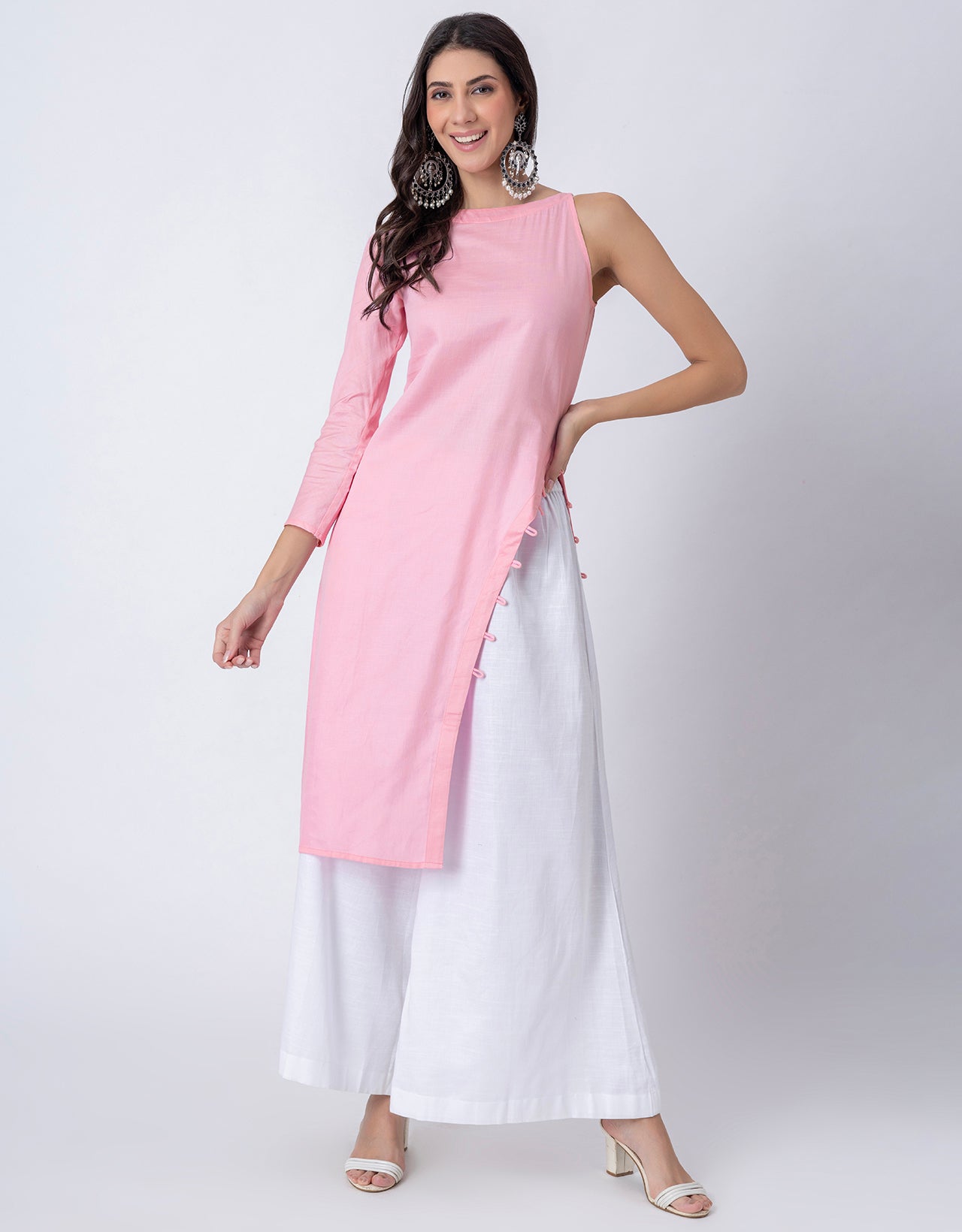 Solid One Shoulder Kurta with Palazzo, Indo-Western Fusion Wear