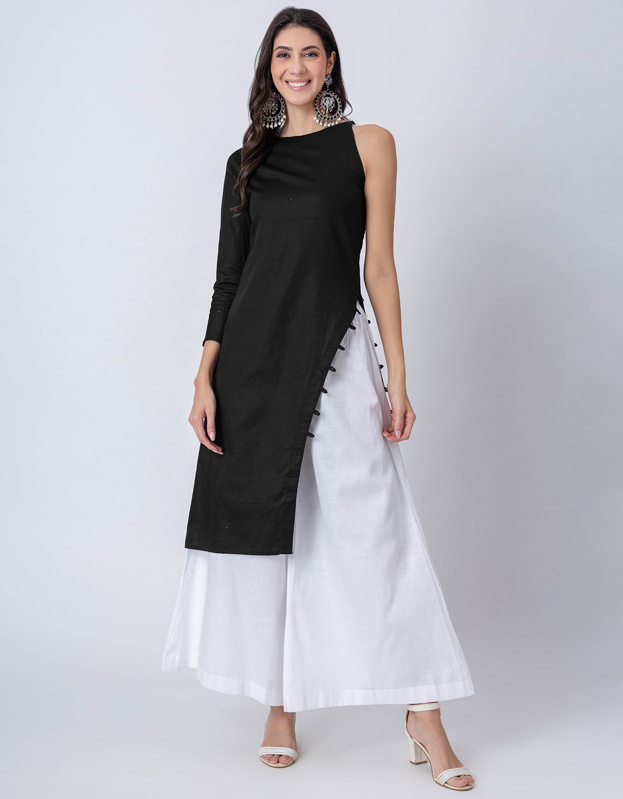 Solid One Shoulder Kurta with Palazzo, Indo-Western Fusion Wear