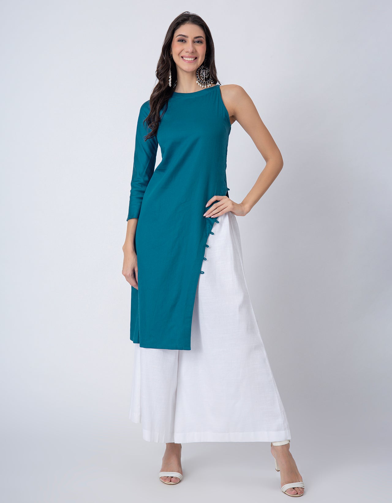 Solid One Shoulder Kurta with Palazzo, Indo-Western Fusion Wear