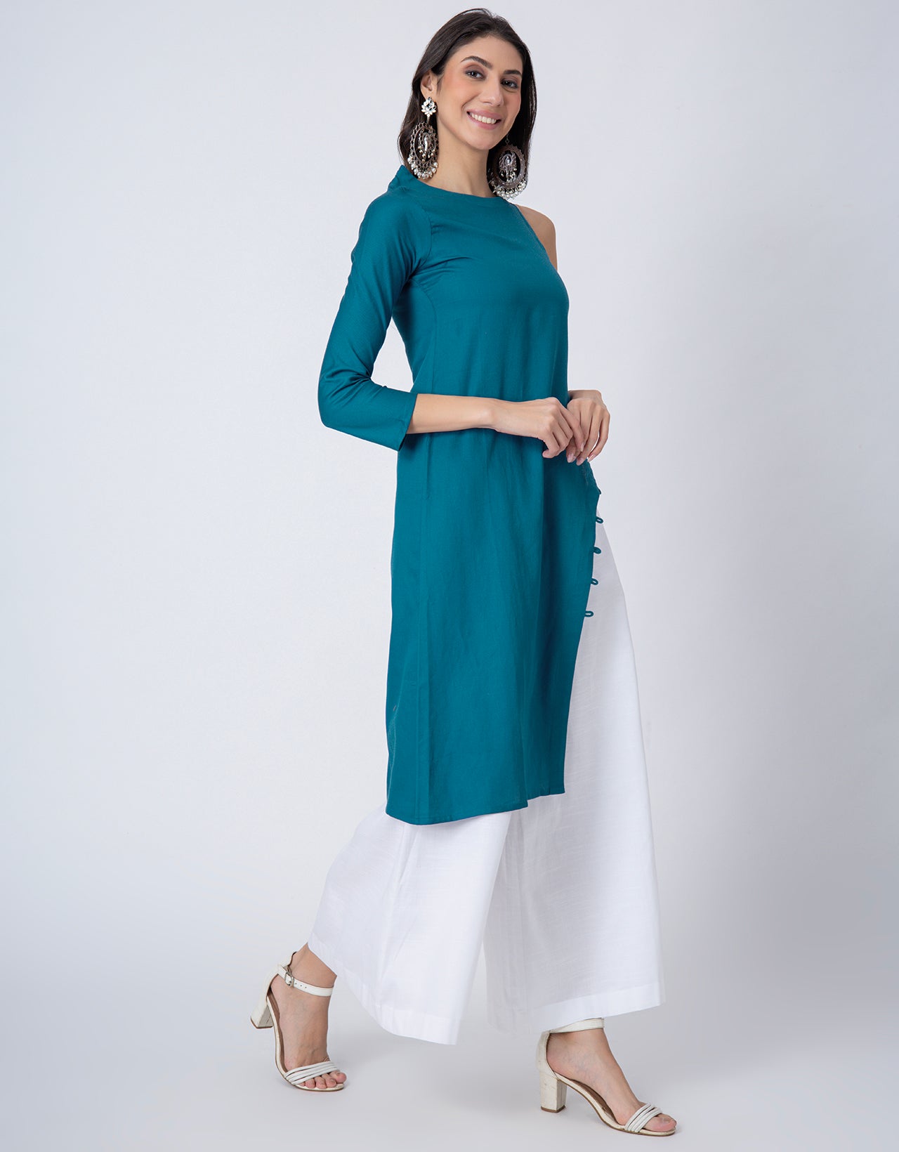 Solid One Shoulder Kurta with Palazzo, Indo-Western Fusion Wear