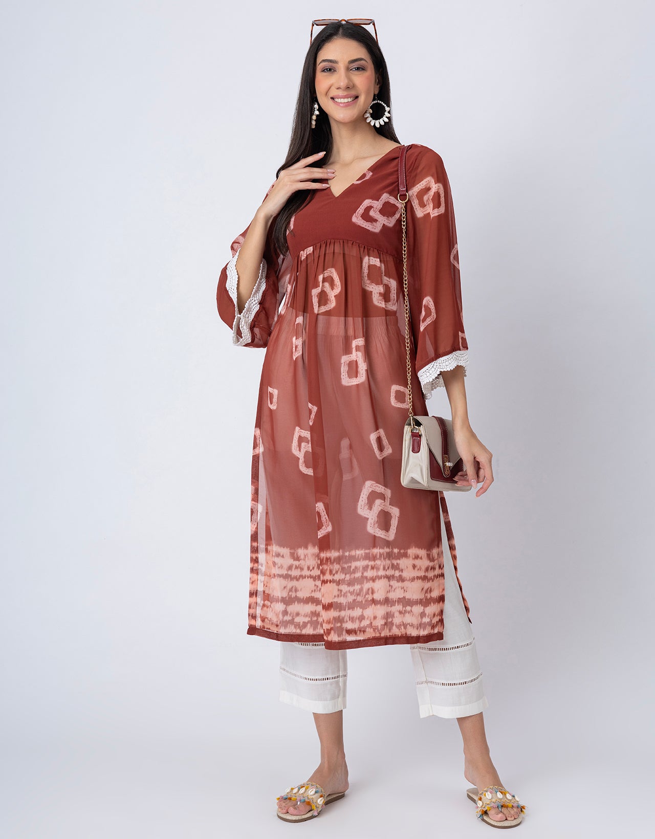 Indo-Western 2 Pc Co-ord Set, Sheer Kurta and Pant Set