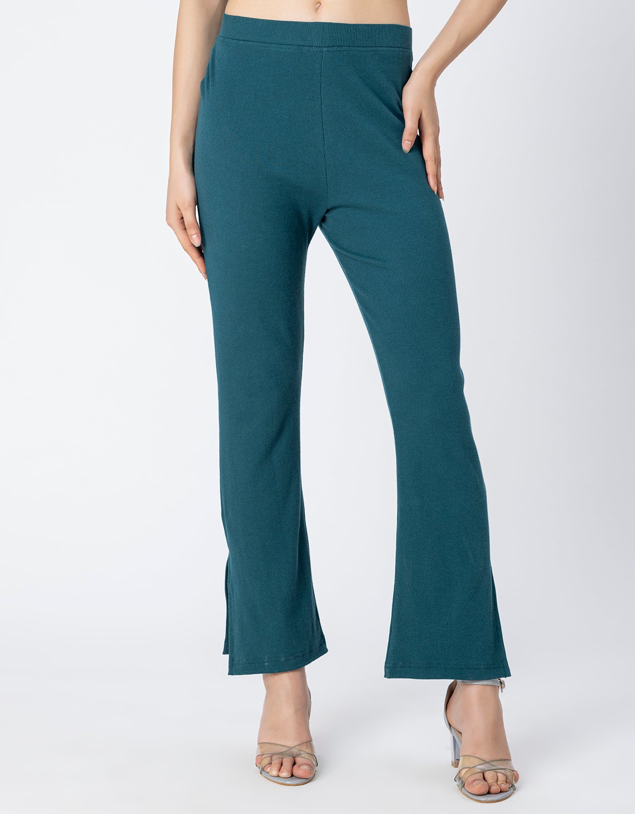 Solid Women Knit Ribbed Bootcut Pants