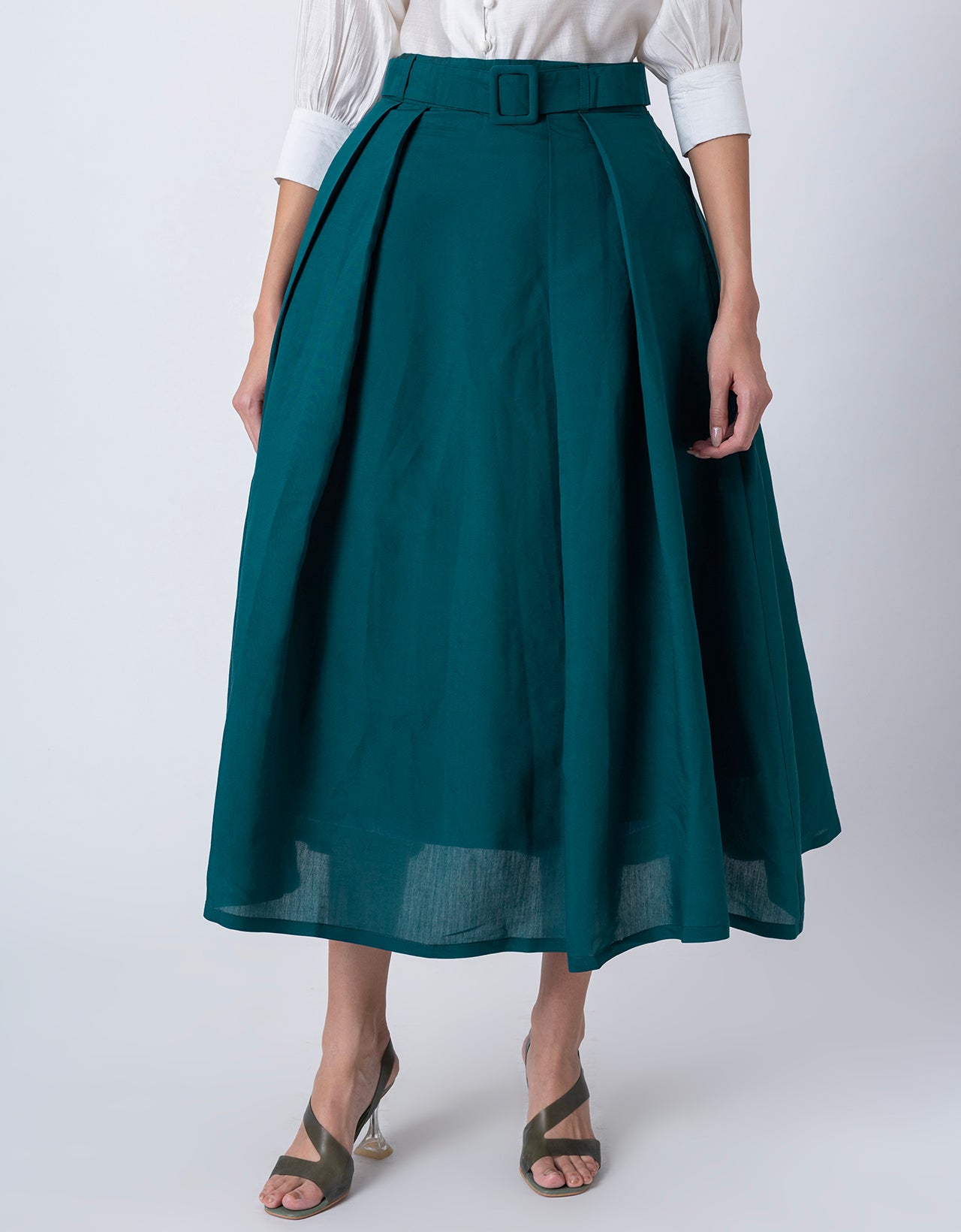 Exclusive Victorian Elegance Midi Box Pleat Skirt with Side Pocket