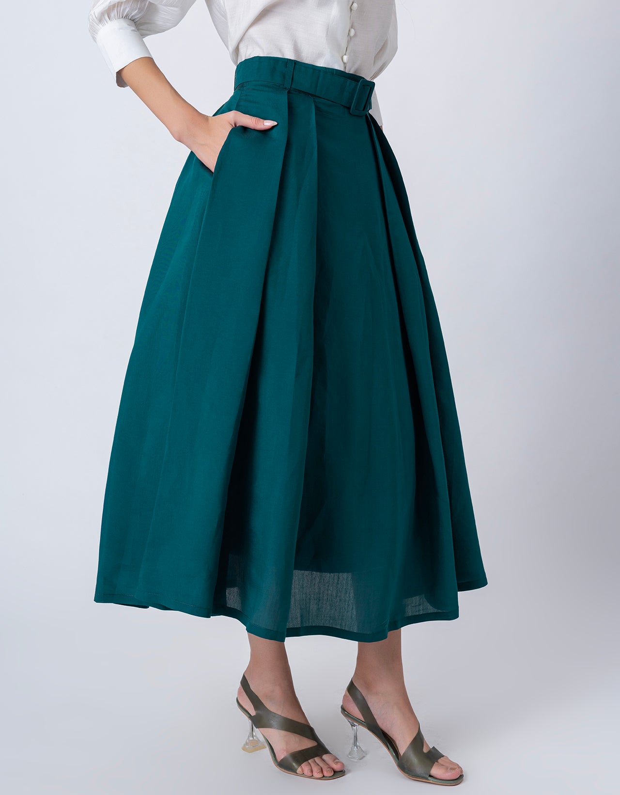 Exclusive Victorian Elegance Midi Box Pleat Skirt with Side Pocket