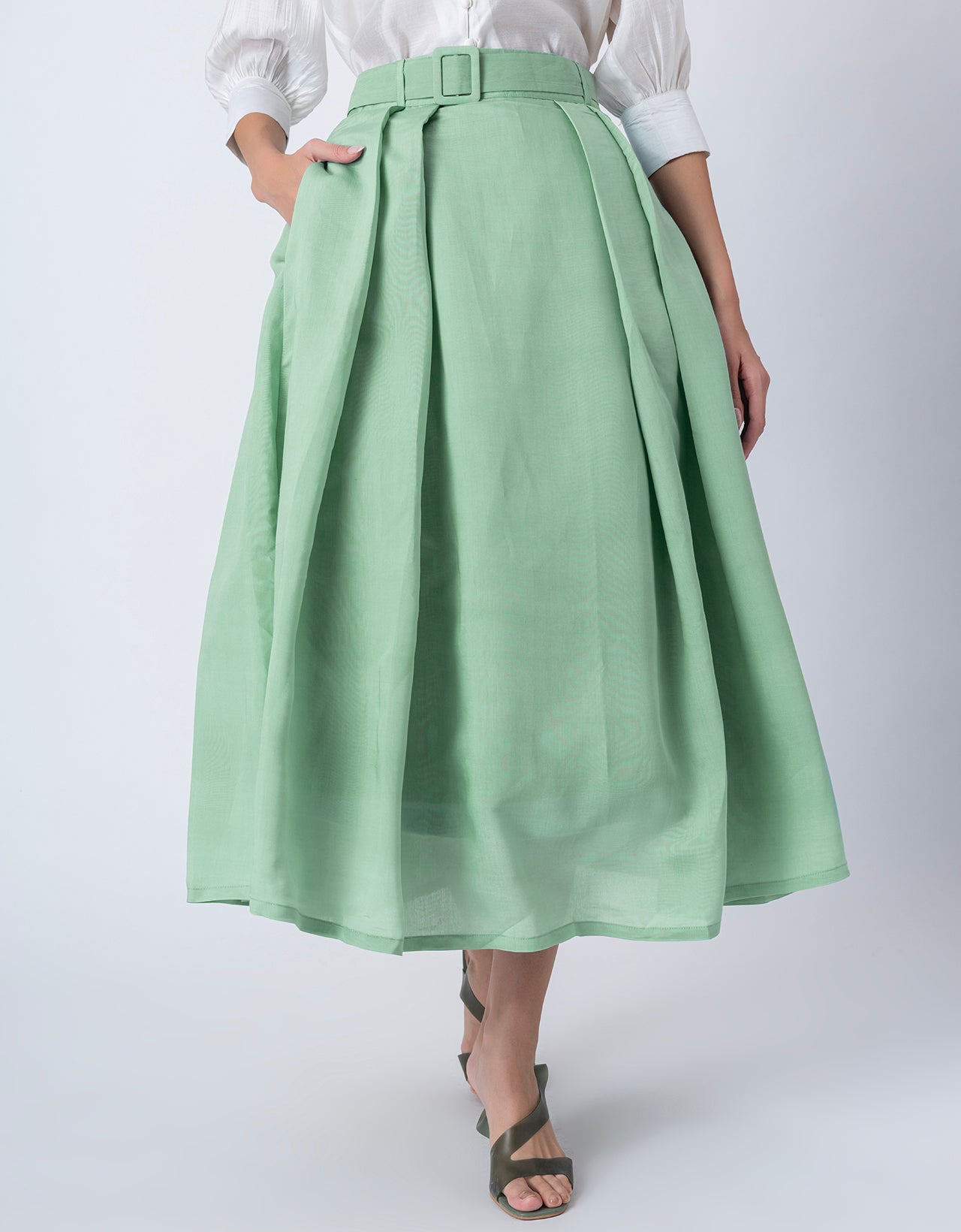 Exclusive Victorian Elegance Midi Box Pleat Skirt with Side Pocket
