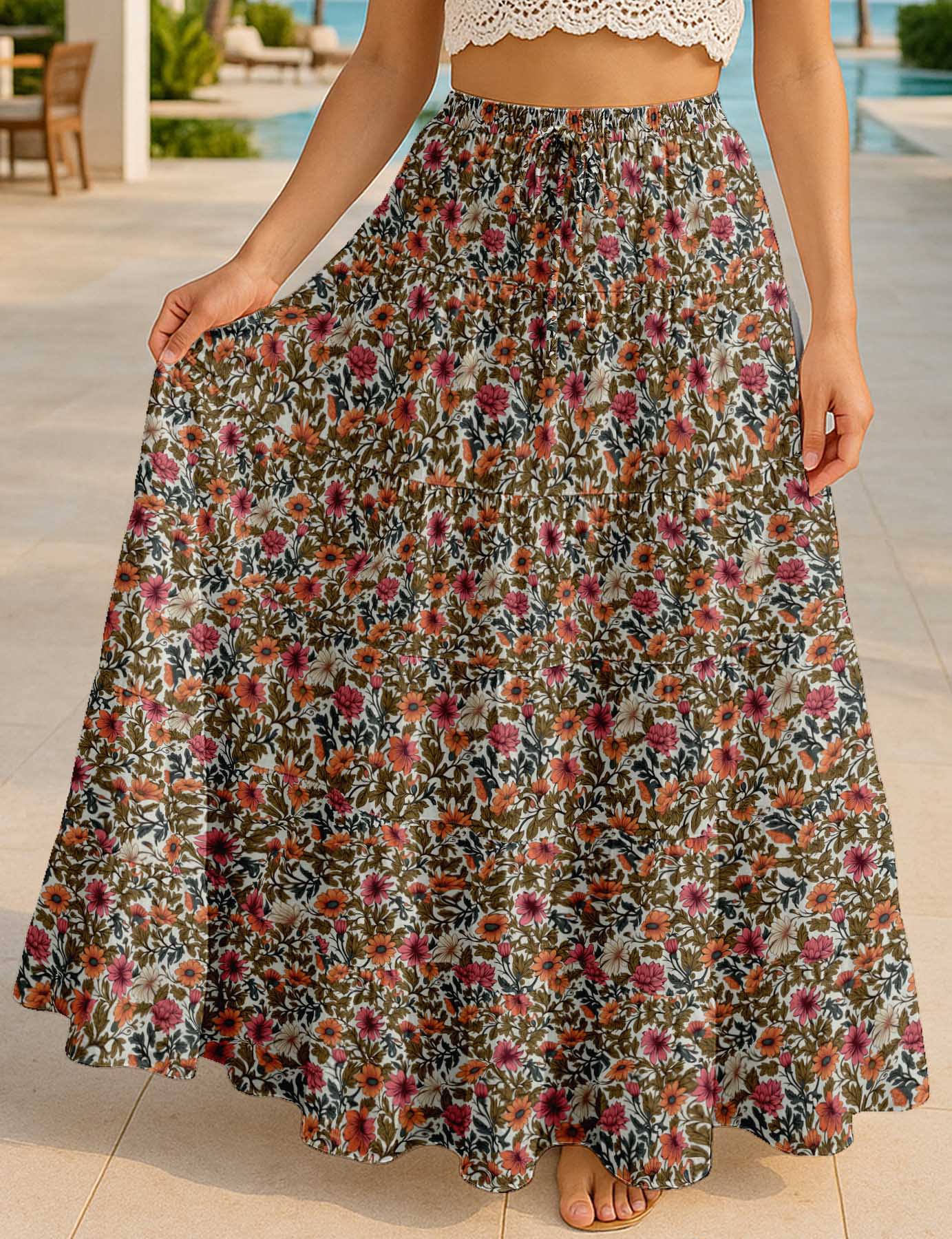 Women's Cotton Resort Skirt with Pockets | Tiered Maxi Summer Skirt