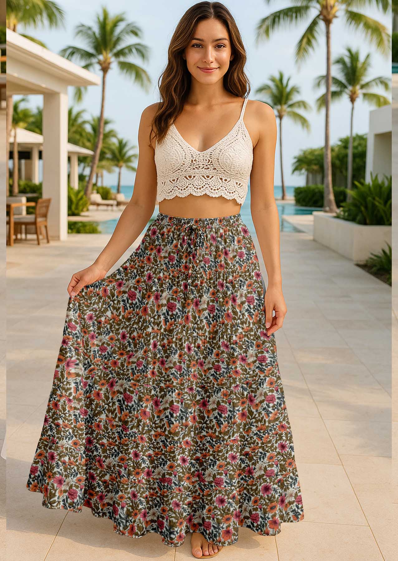 Women's Cotton Resort Skirt with Pockets | Tiered Maxi Summer Skirt
