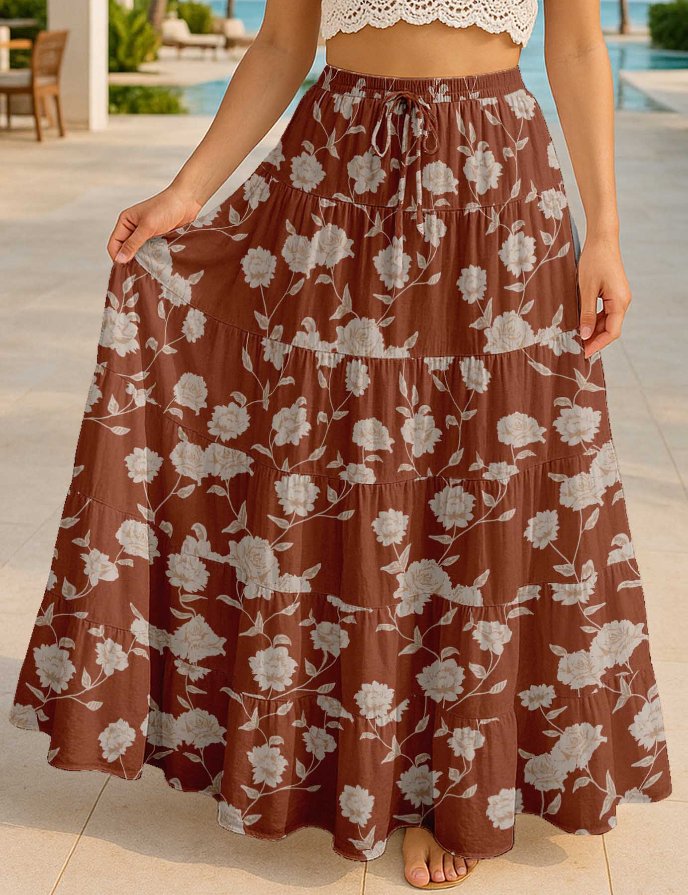Women's Cotton Resort Skirt with Pockets | Tiered Maxi Summer Skirt