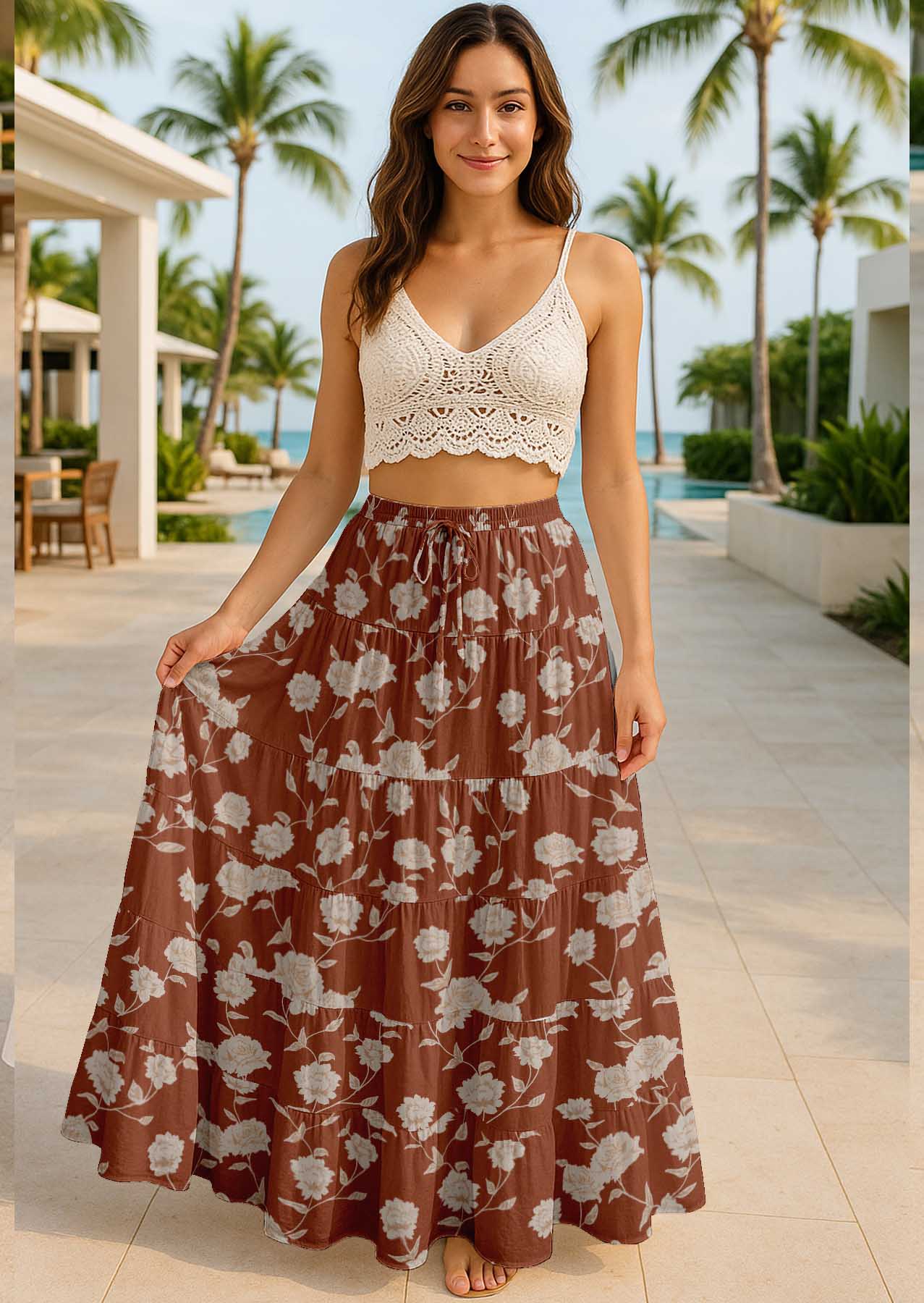 Women's Cotton Resort Skirt with Pockets | Tiered Maxi Summer Skirt