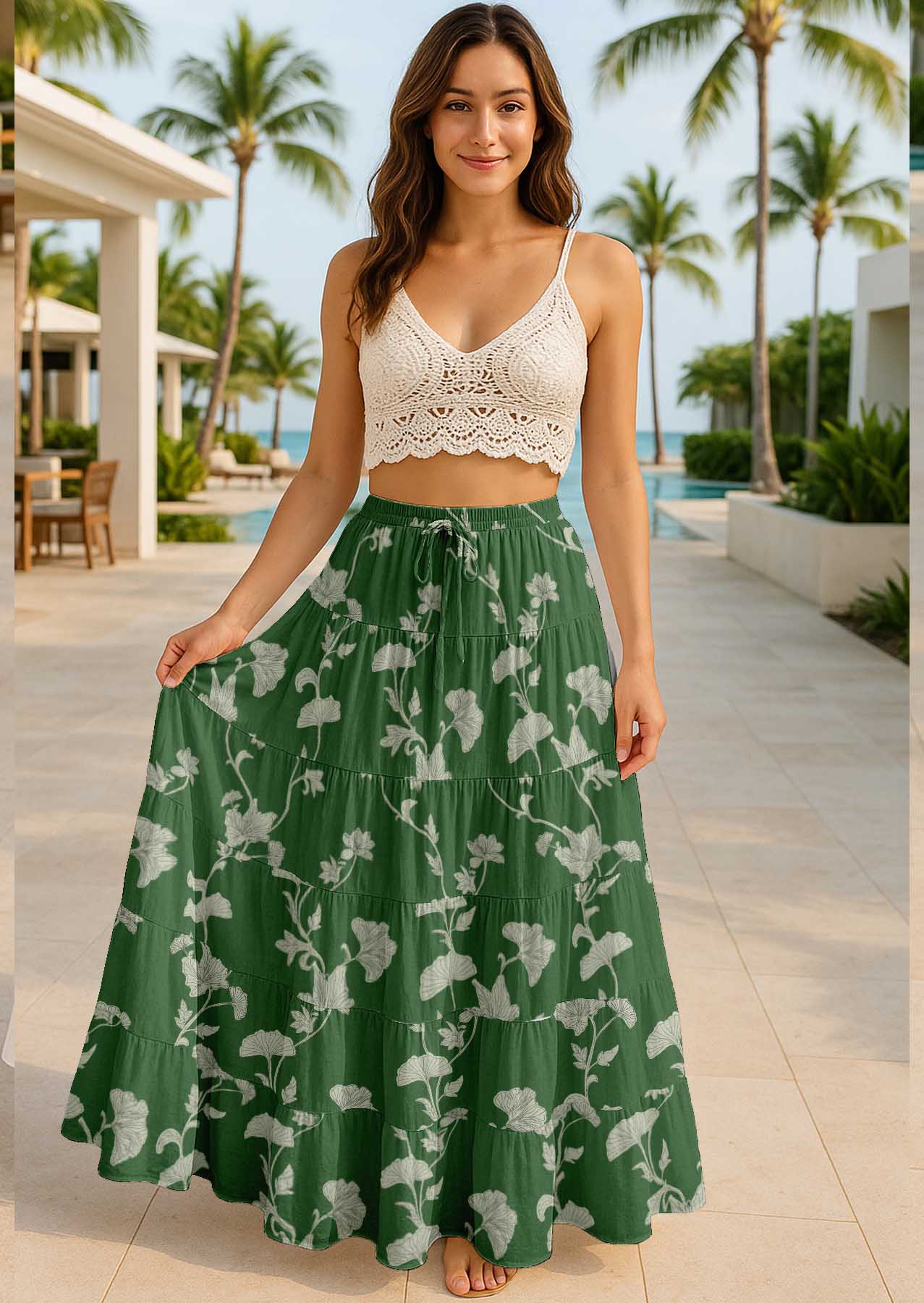 Women's Cotton Resort Skirt with Pockets | Tiered Maxi Summer Skirt