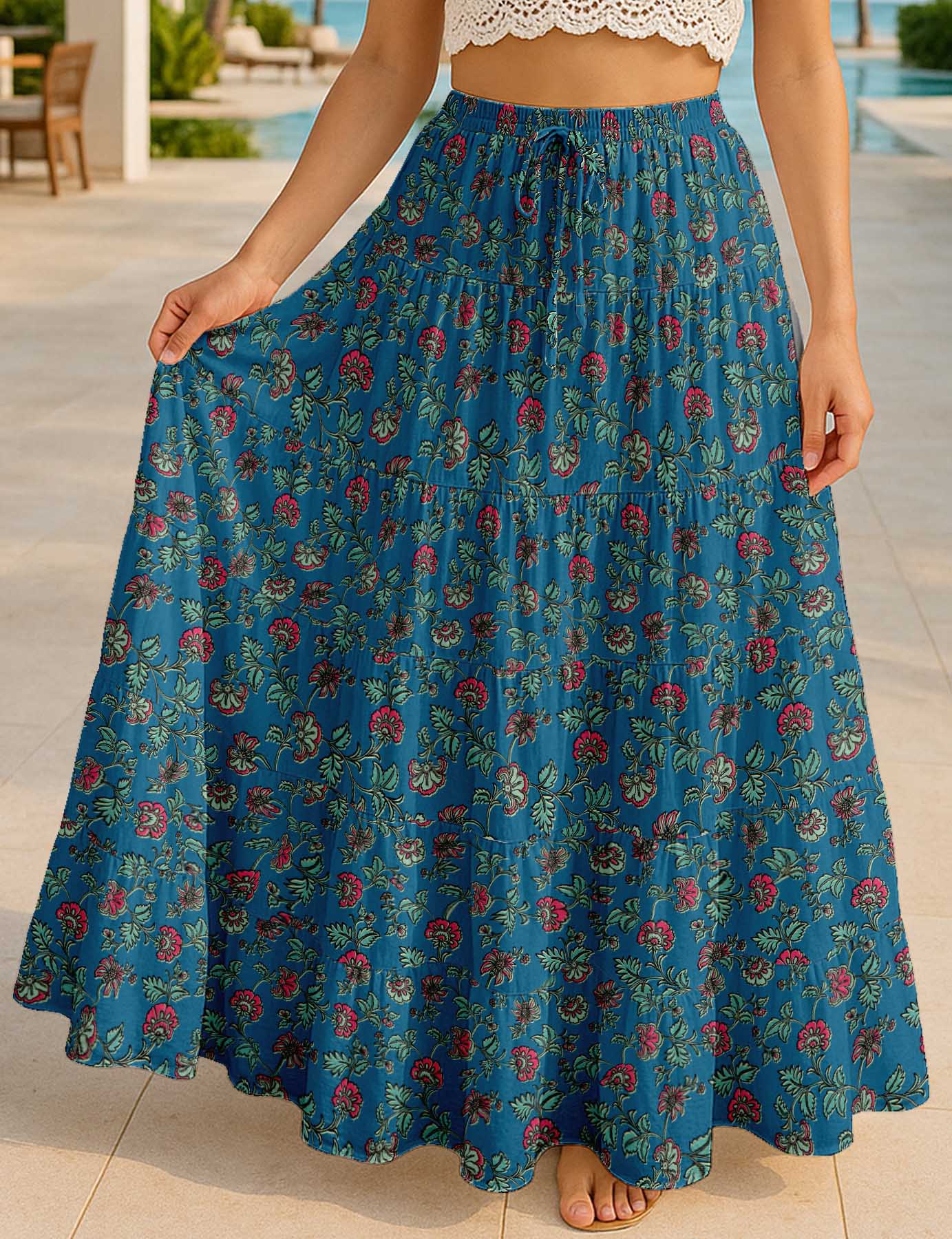 Women's Cotton Resort Skirt with Pockets | Tiered Maxi Summer Skirt