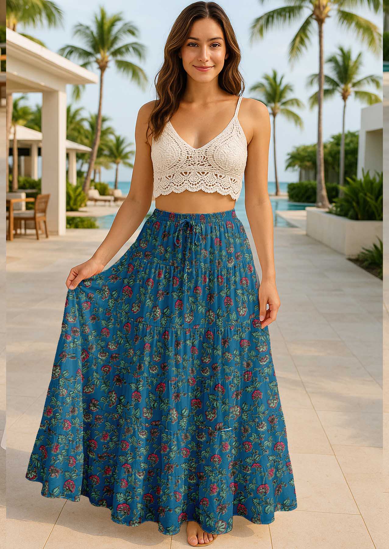 Women's Cotton Resort Skirt with Pockets | Tiered Maxi Summer Skirt