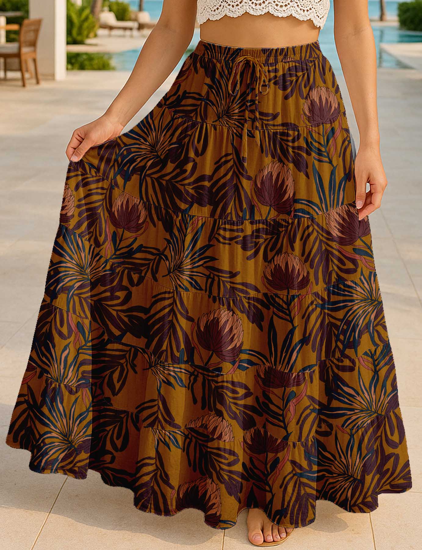 Women's Cotton Resort Skirt with Pockets | Tiered Maxi Summer Skirt