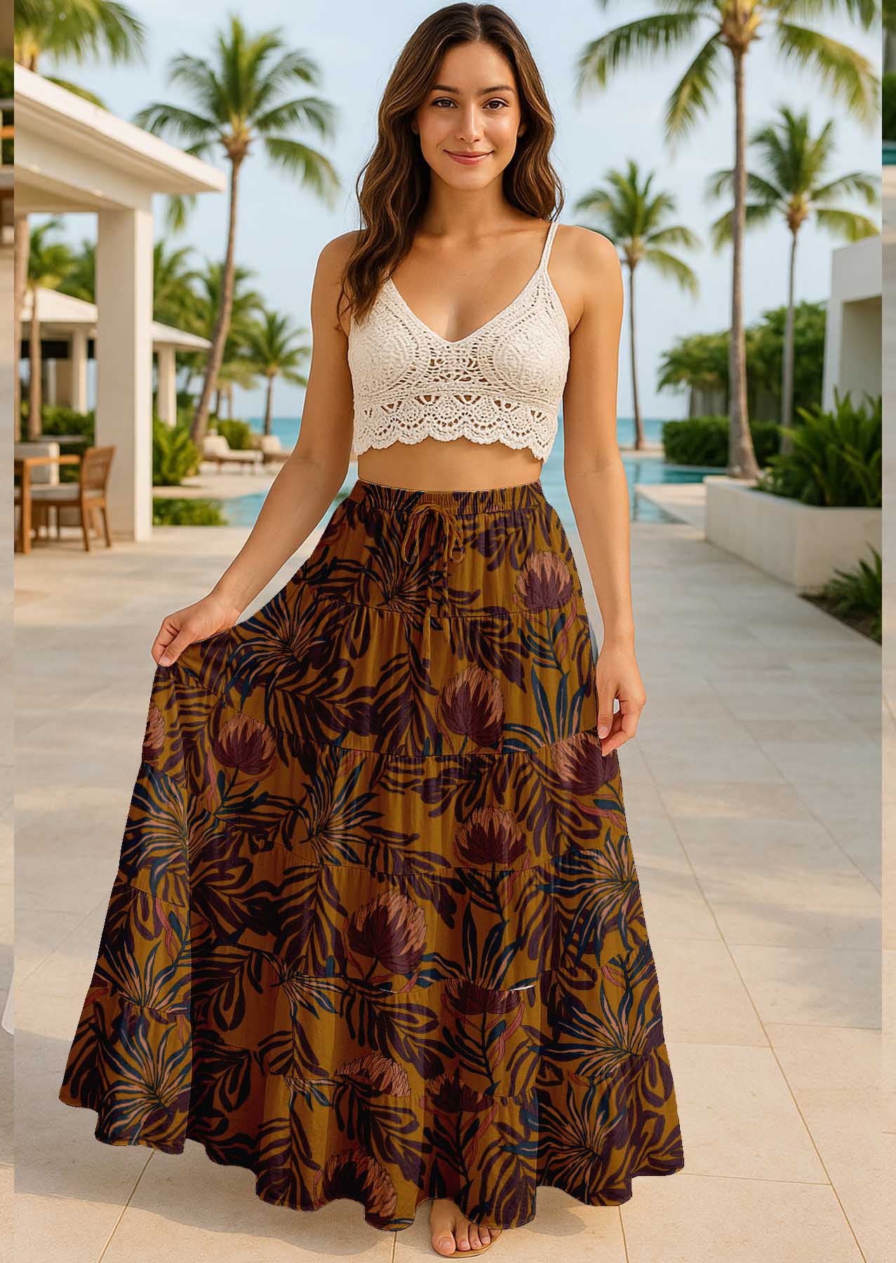 Women's Cotton Resort Skirt with Pockets | Tiered Maxi Summer Skirt