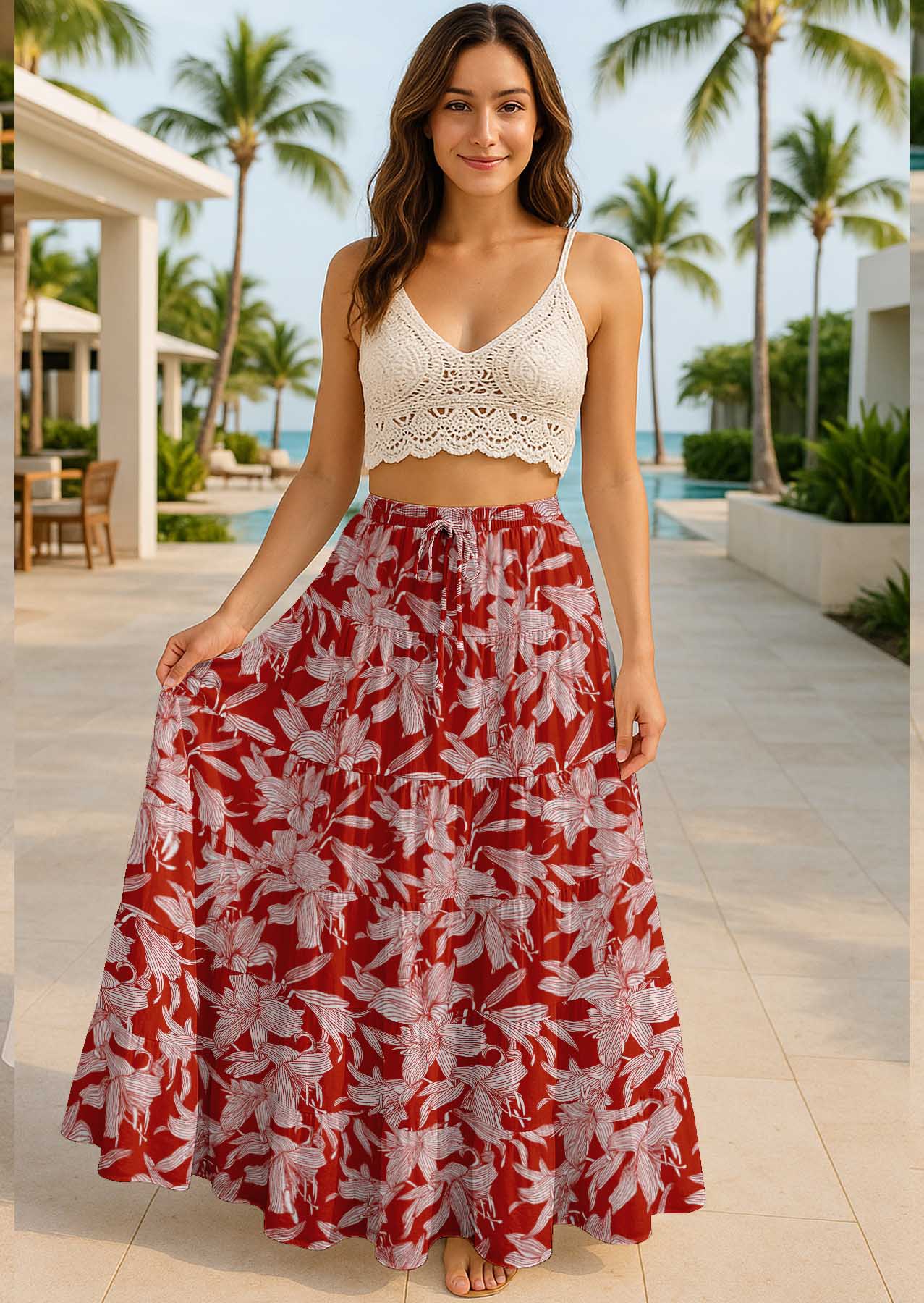 Women's Cotton Resort Skirt with Pockets | Tiered Maxi Summer Skirt