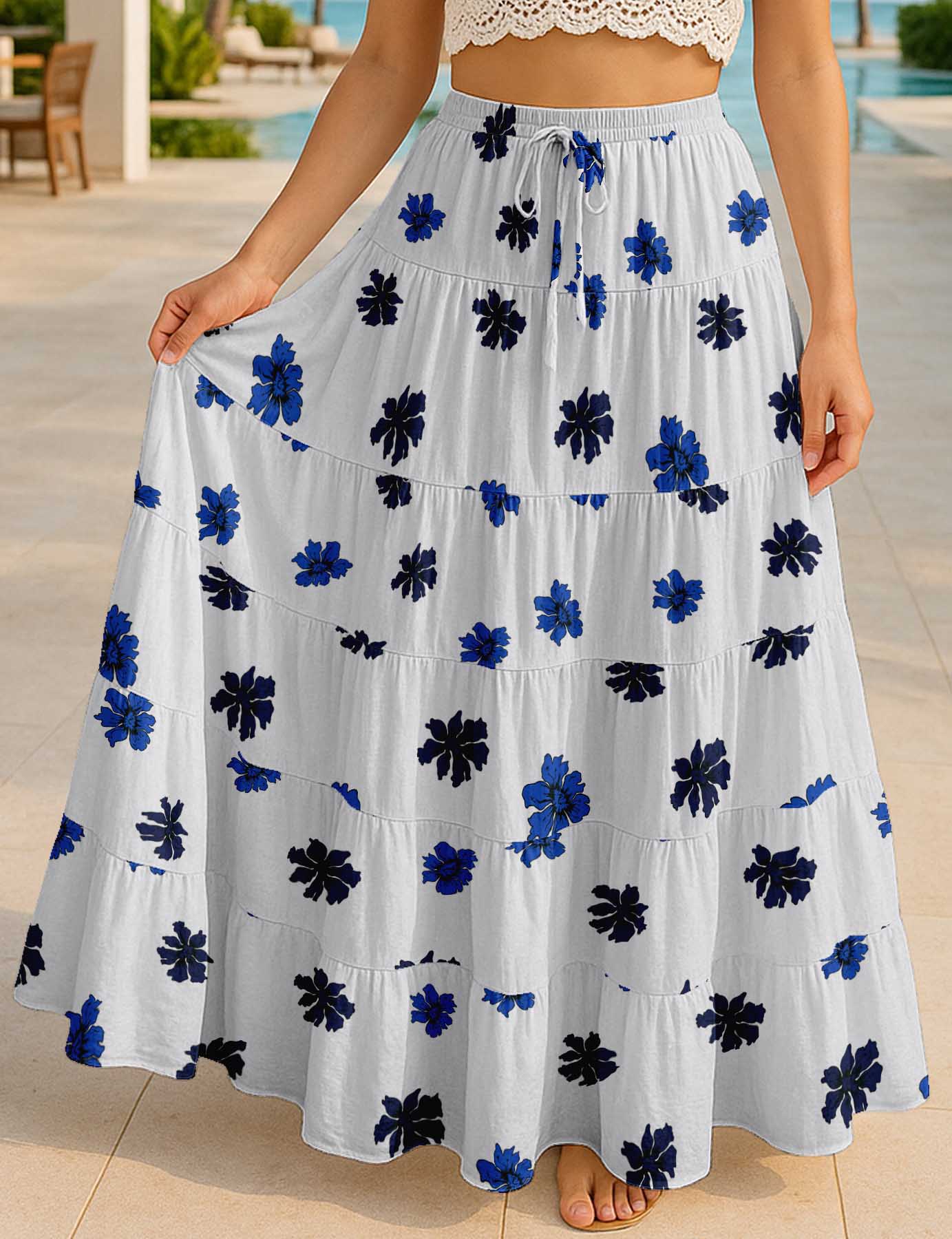 Women's Cotton  Tiered Maxi Summer Skirt | 40-Inch Vacation Wear